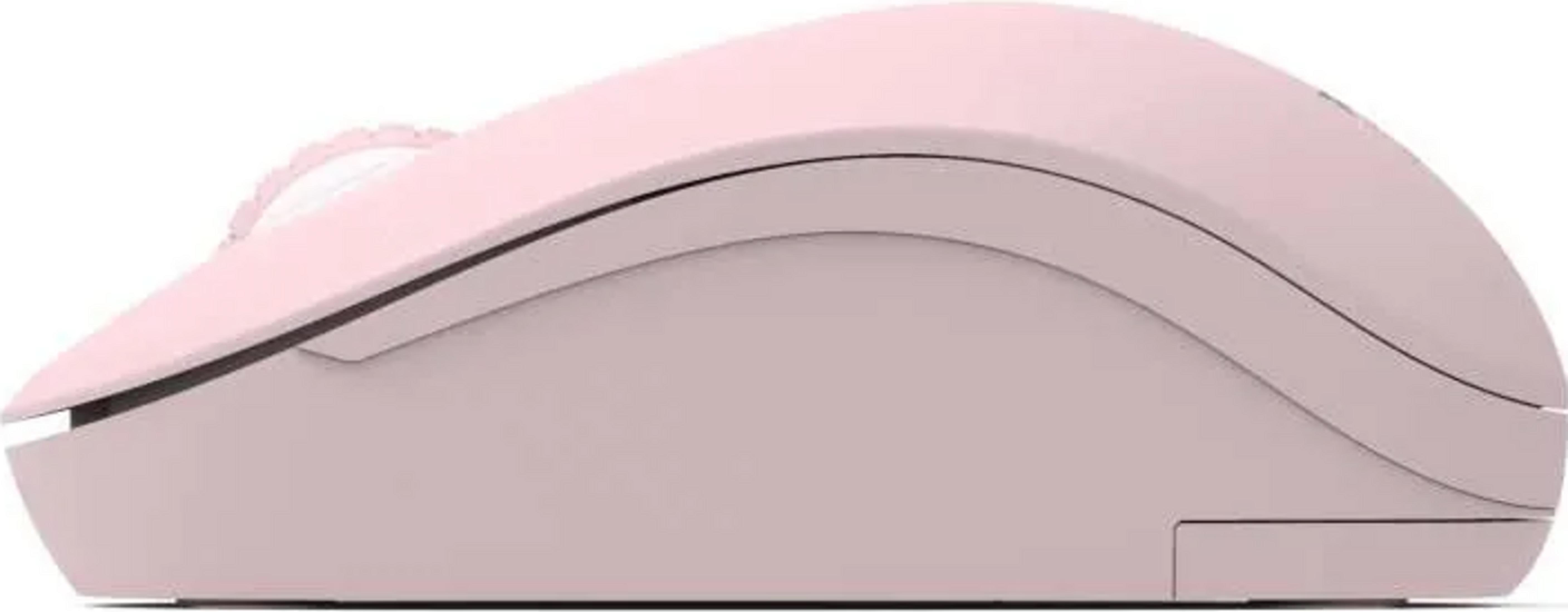 A pink computer mouse in profile view, featuring a top wheel and a dark accent line.