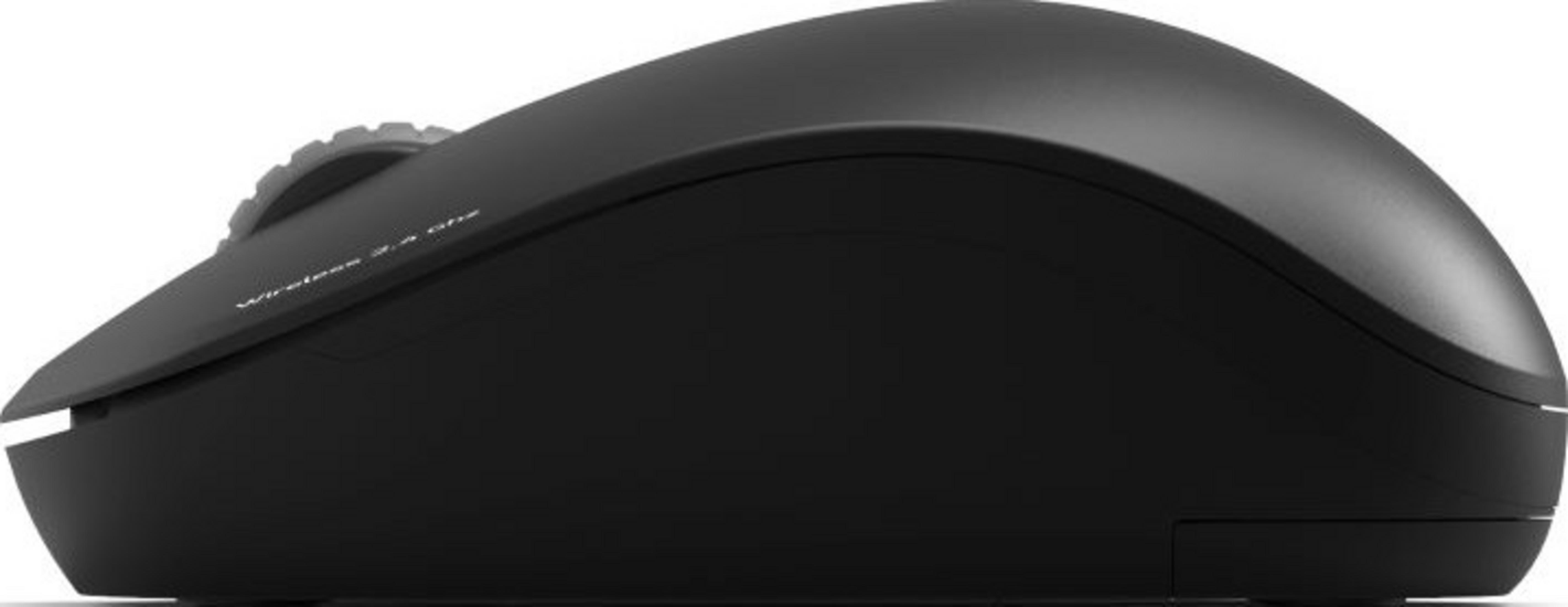 Black wireless mouse with scroll wheel, side view close-up.