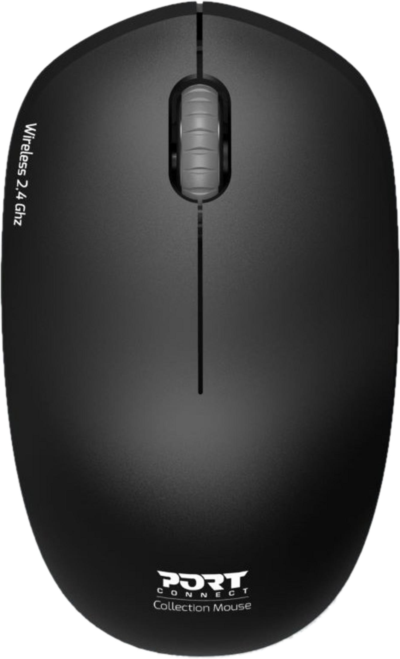 Black wireless mouse with a gray scroll wheel and logo. Text reads 'Wireless 2.4 Ghz'.
