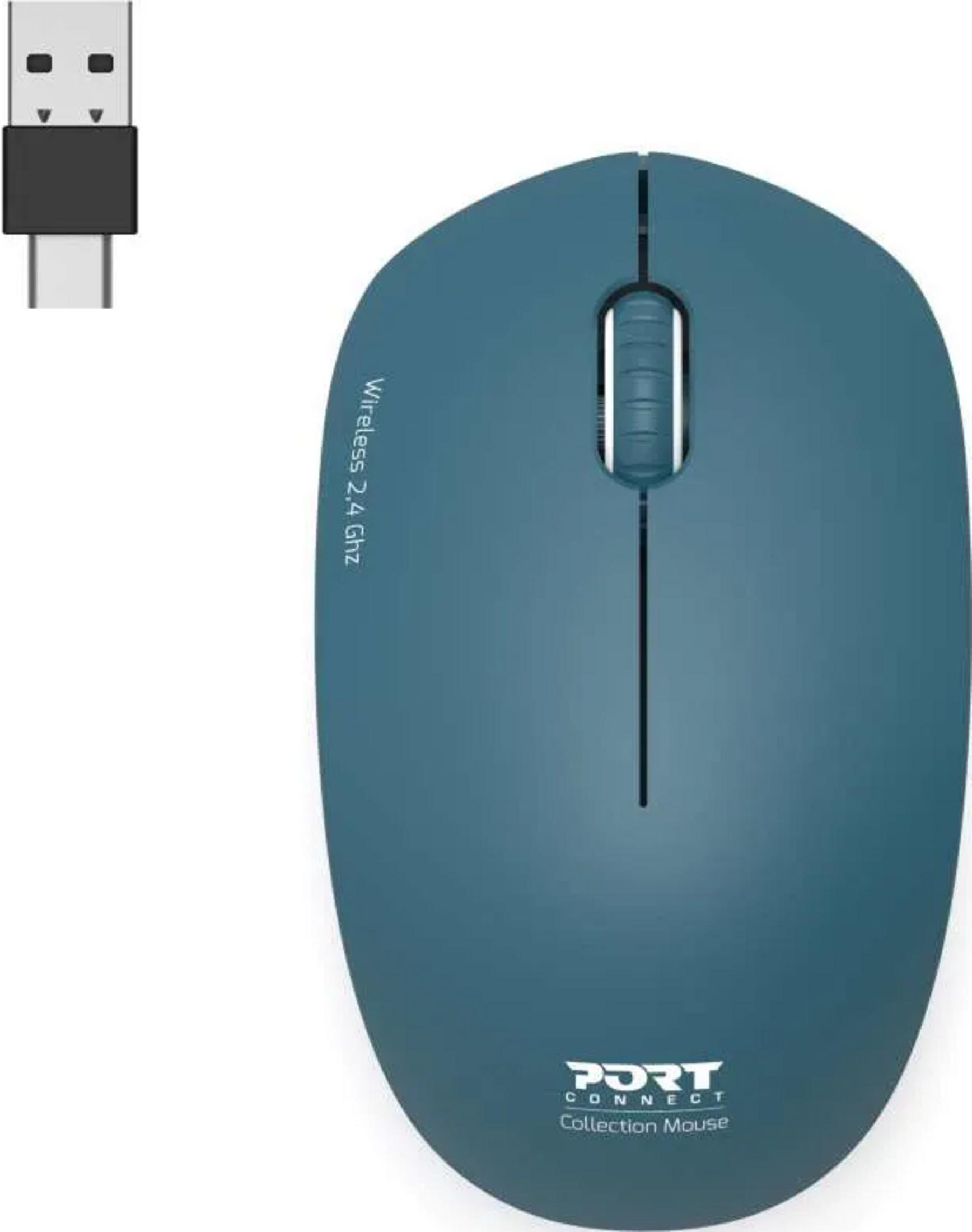 Un receptor USB inalámbrico azul y un ratón azul con rueda de desplazamiento y logo.