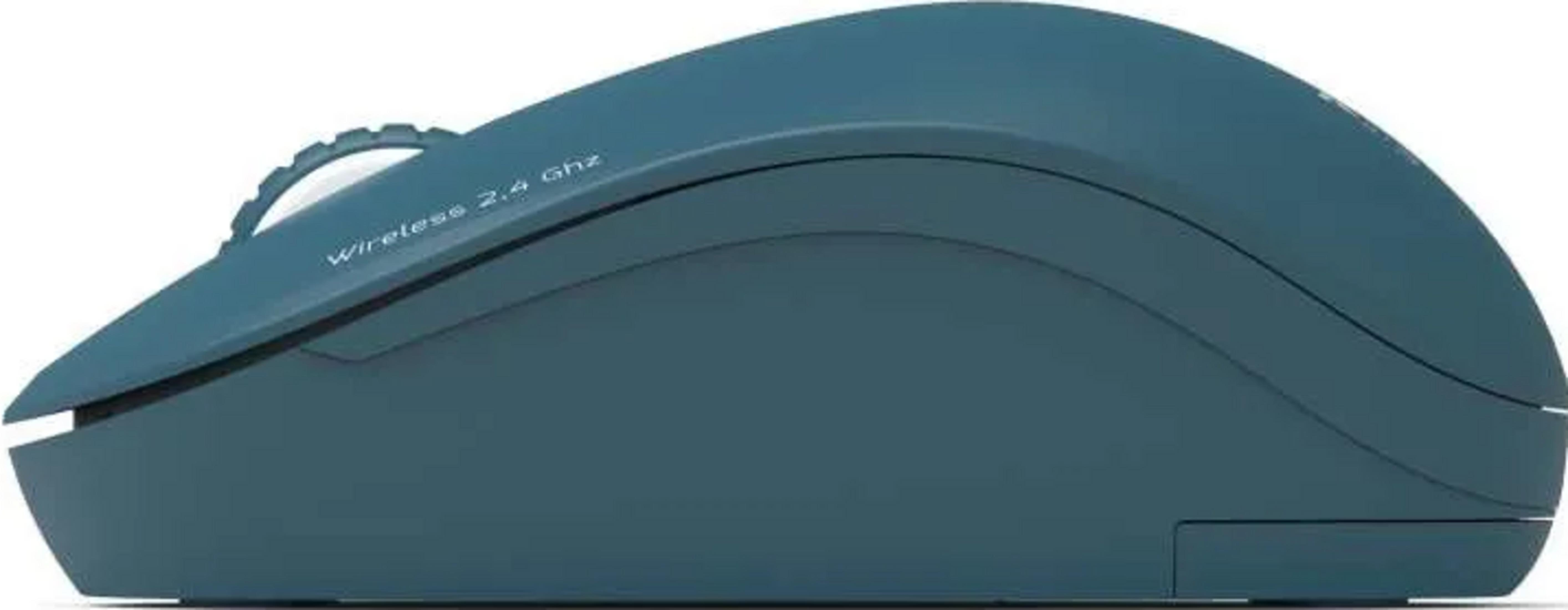Un ratón inalámbrico azul con rueda de desplazamiento y texto que dice "Wireless 2.4 GHz".