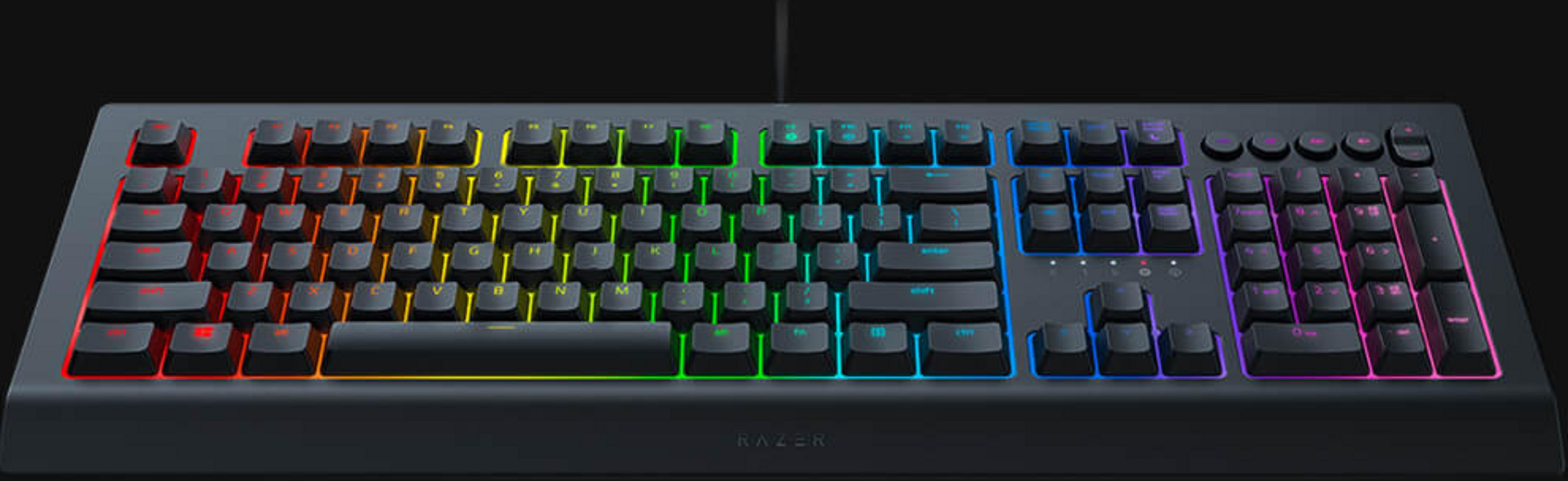 Eine schwarze Tastatur mit RGB-Hintergrundbeleuchtung, die von rot bis violett leuchtet.