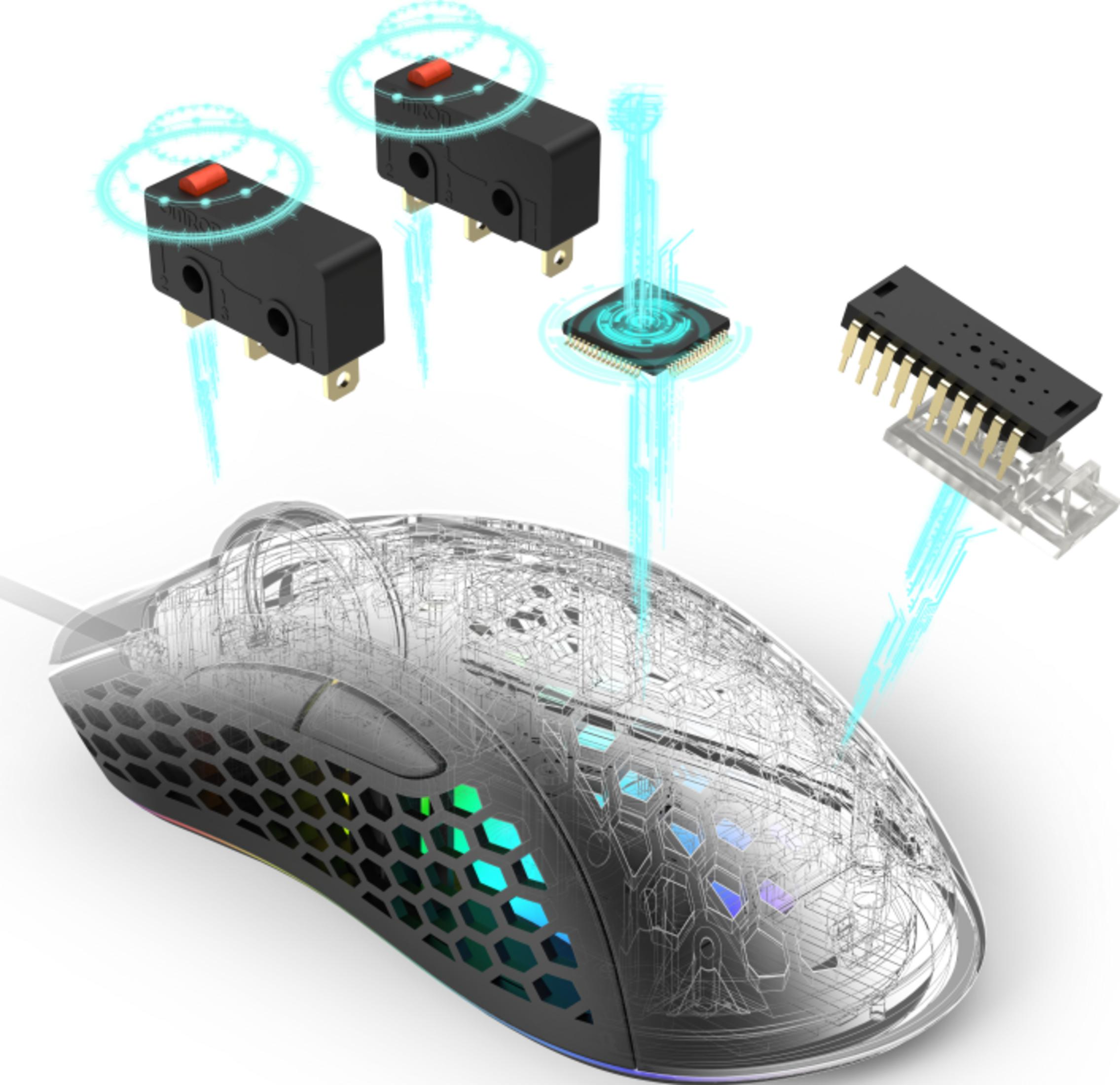 3D-Rendering einer Computermaus mit internen Komponenten und leuchtenden Lichtern.