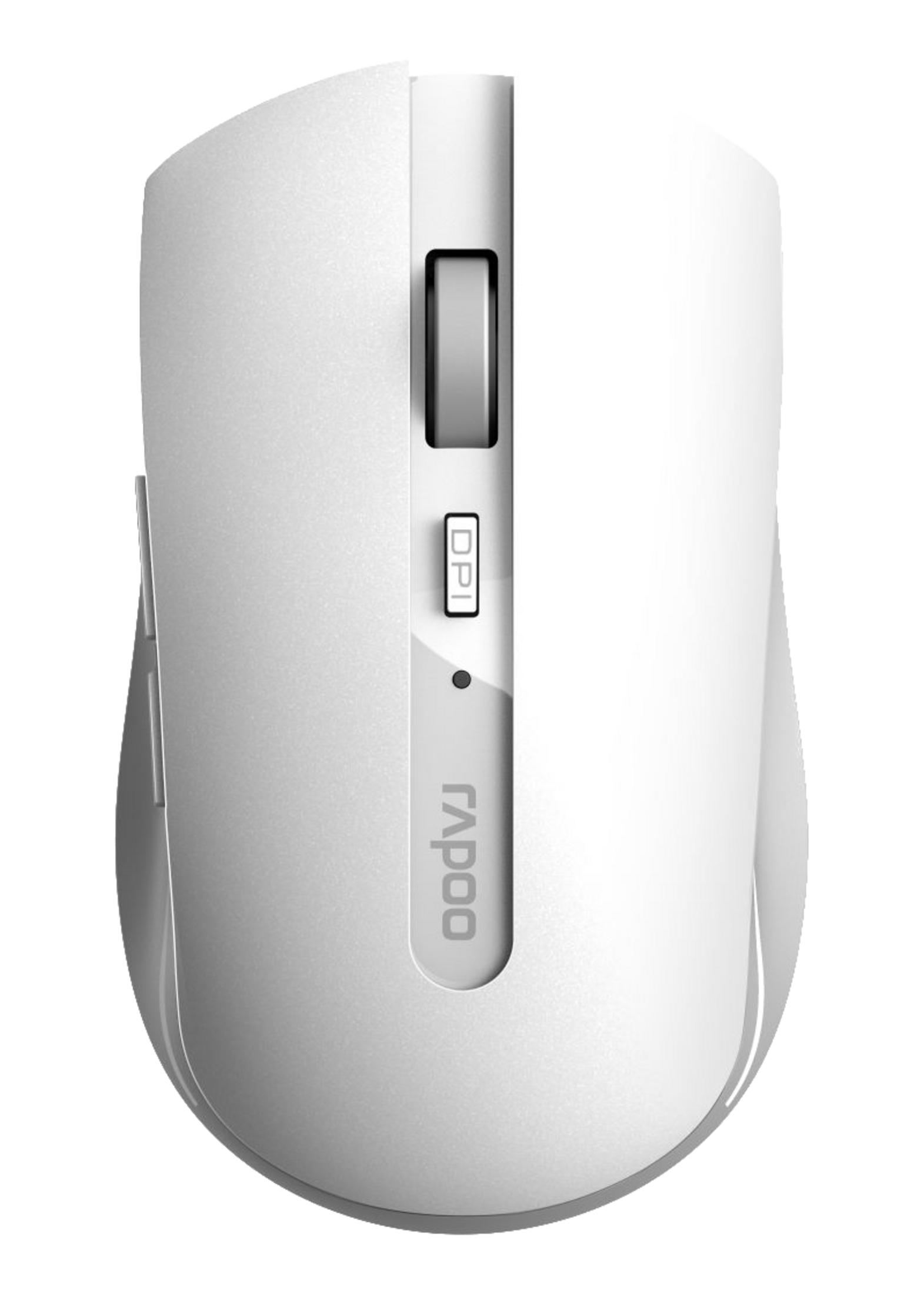 Mouse bianco con pulsante DPI e rotellina di scorrimento, su sfondo bianco.