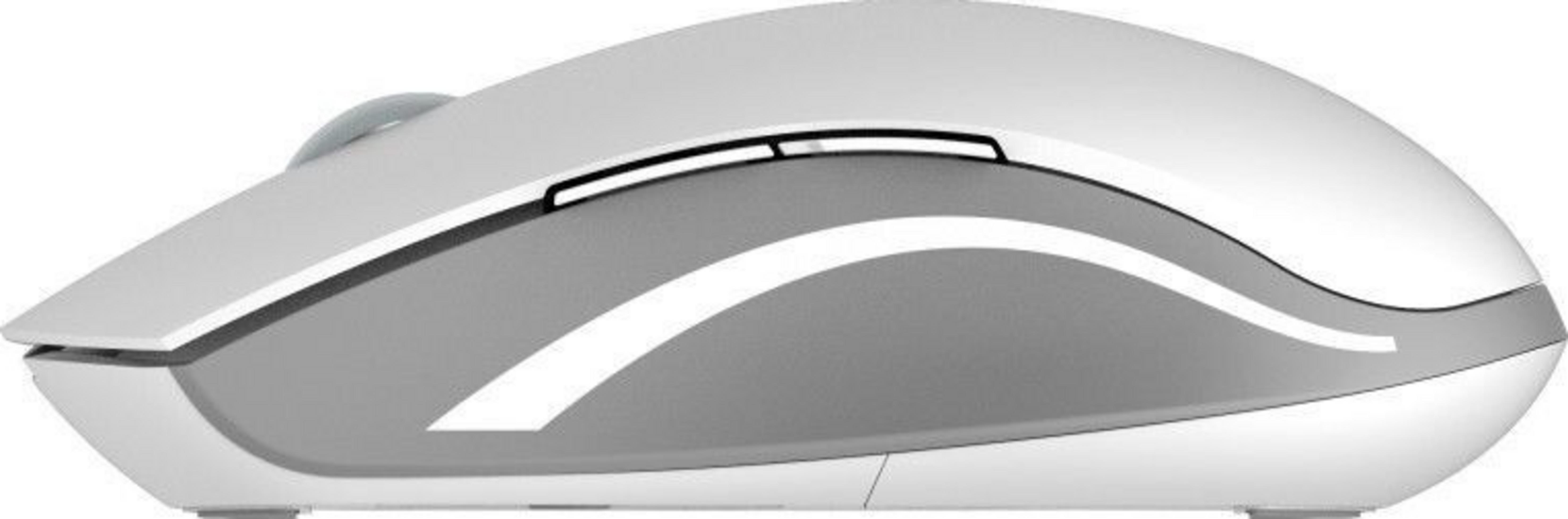 Un mouse per computer bianco e grigio visto di lato.