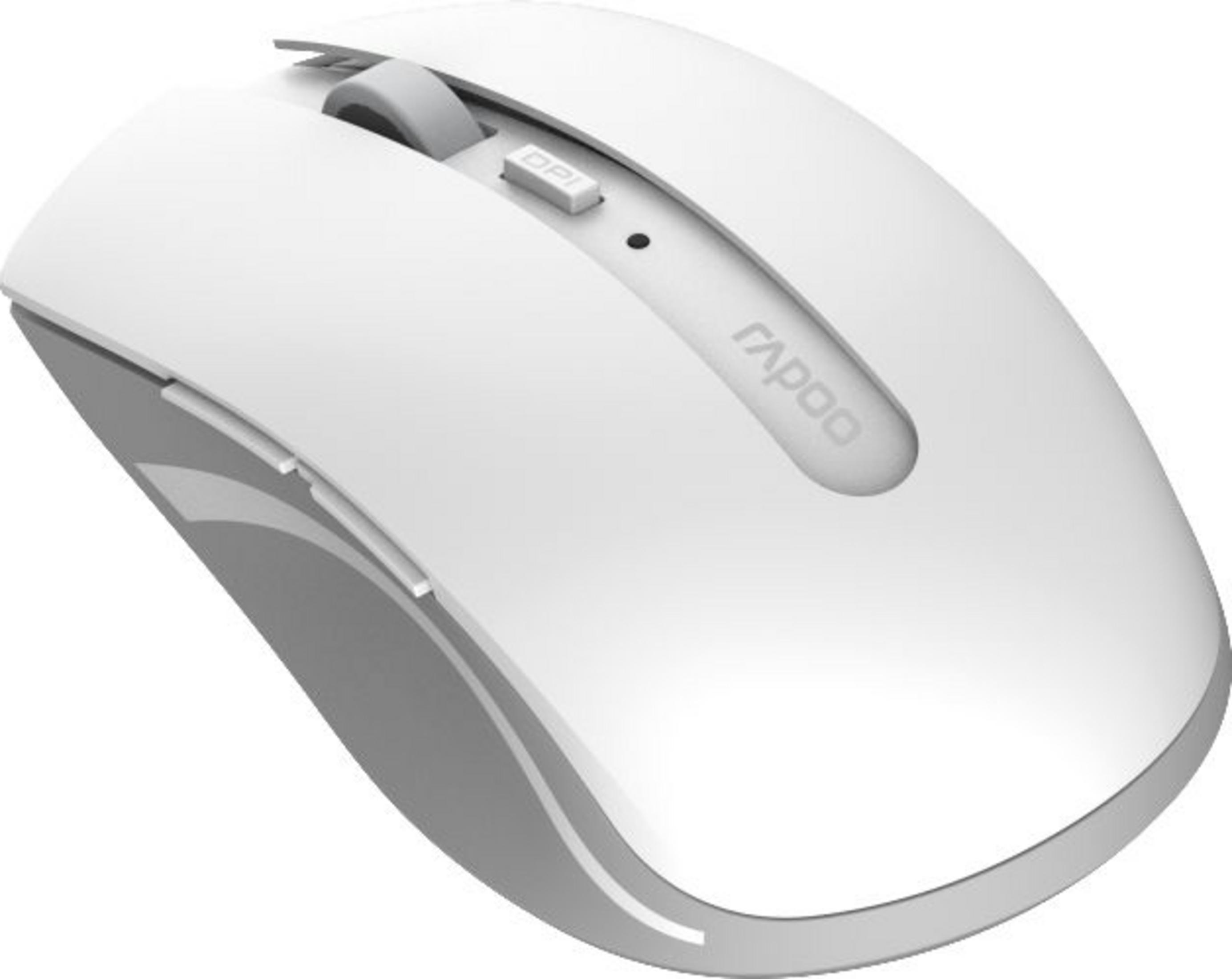 Un mouse bianco con rotellina grigia e pulsante DPI. Logo Raapo visibile.