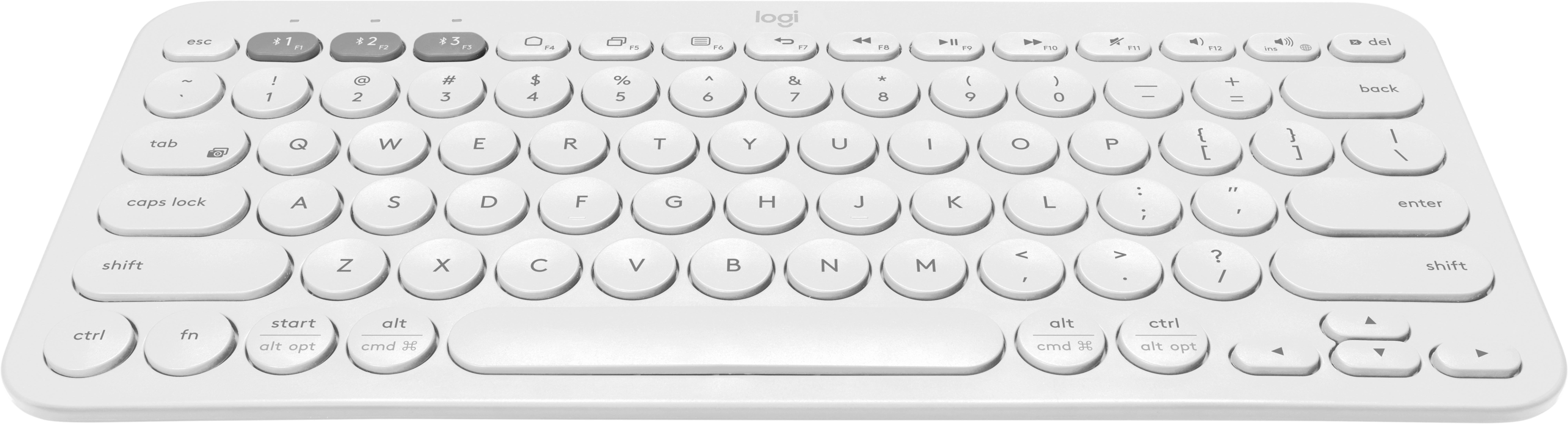 Eine weiße Logitech Tastatur mit runden Tasten und einem weißen Gehäuse.