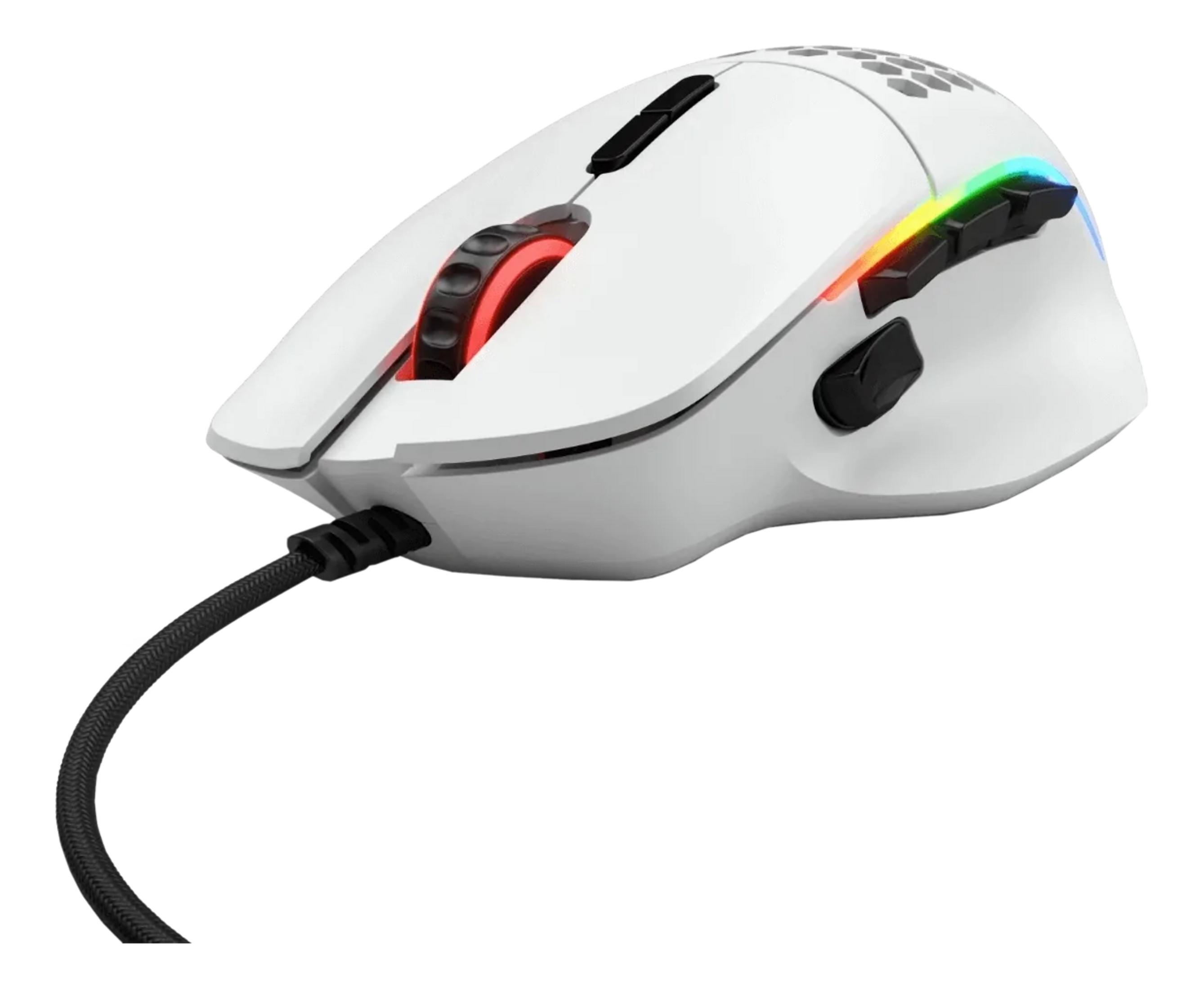 Un mouse gaming bianco con illuminazione RGB e cavo nero.