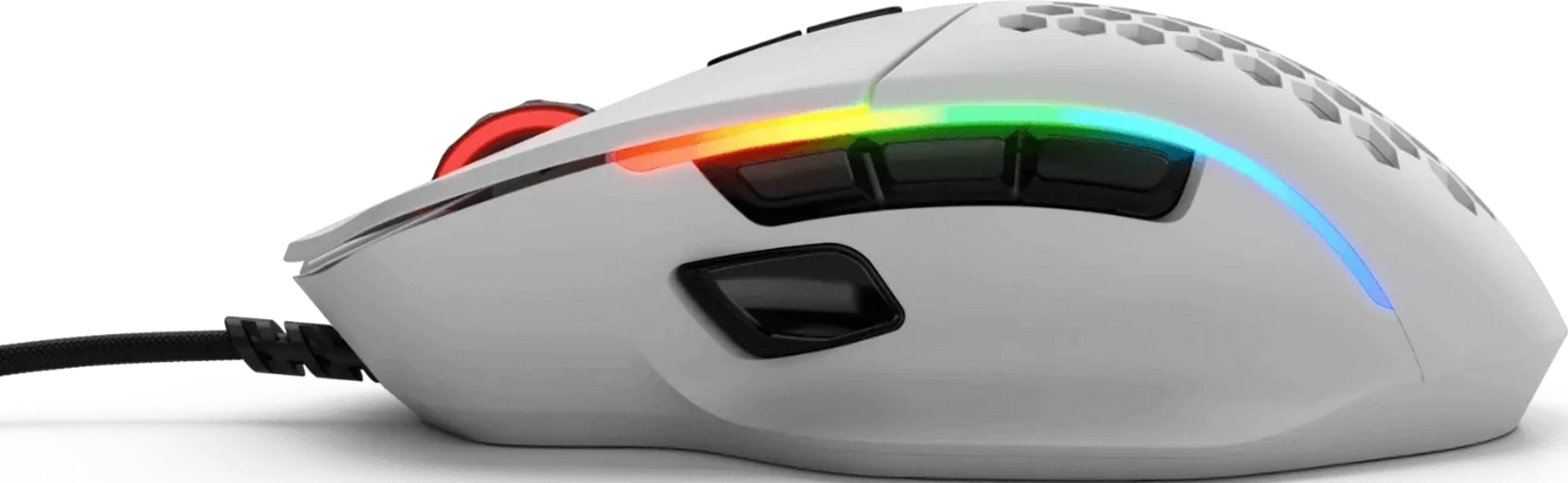 Un mouse da gaming bianco con illuminazione RGB e motivo a nido d'ape.
