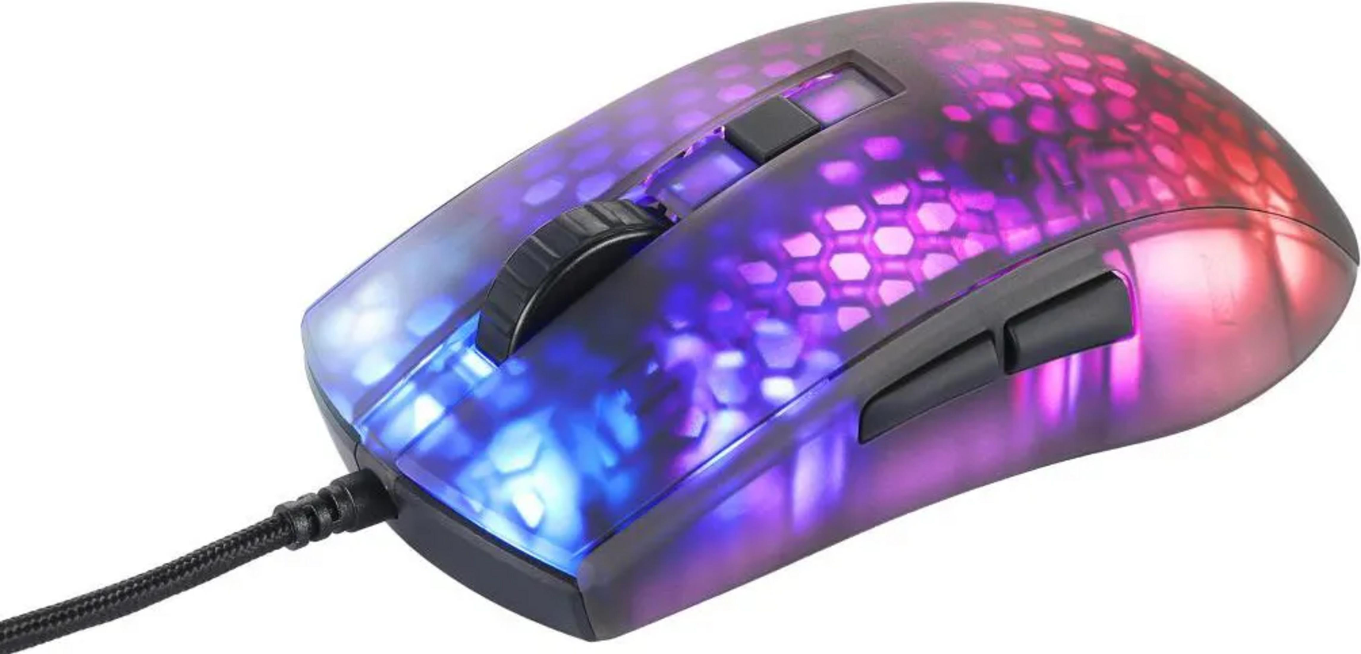 A gaming mouse with blue-purple lighting and a honeycomb pattern.