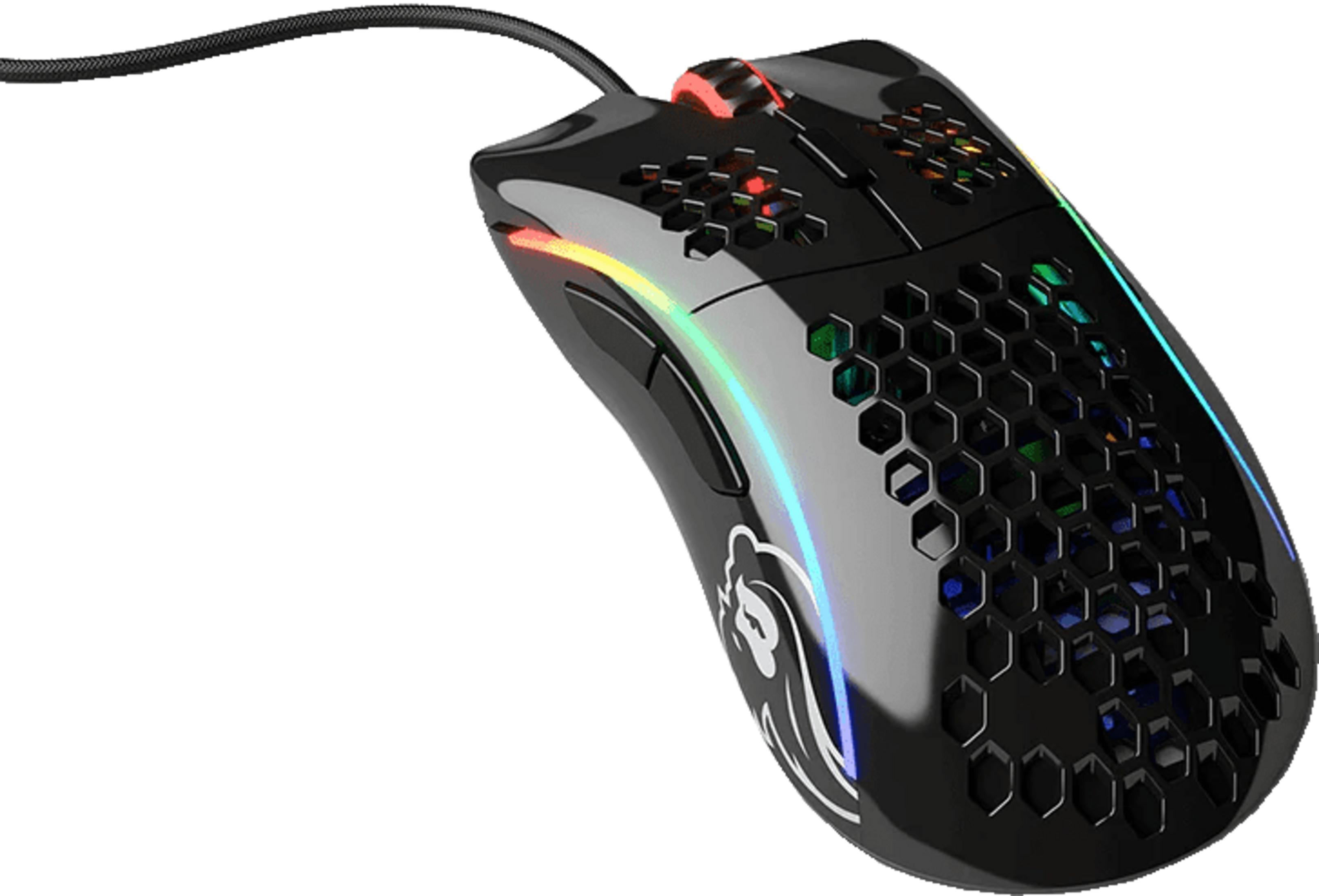 Black gaming mouse with honeycomb pattern and RGB lighting.