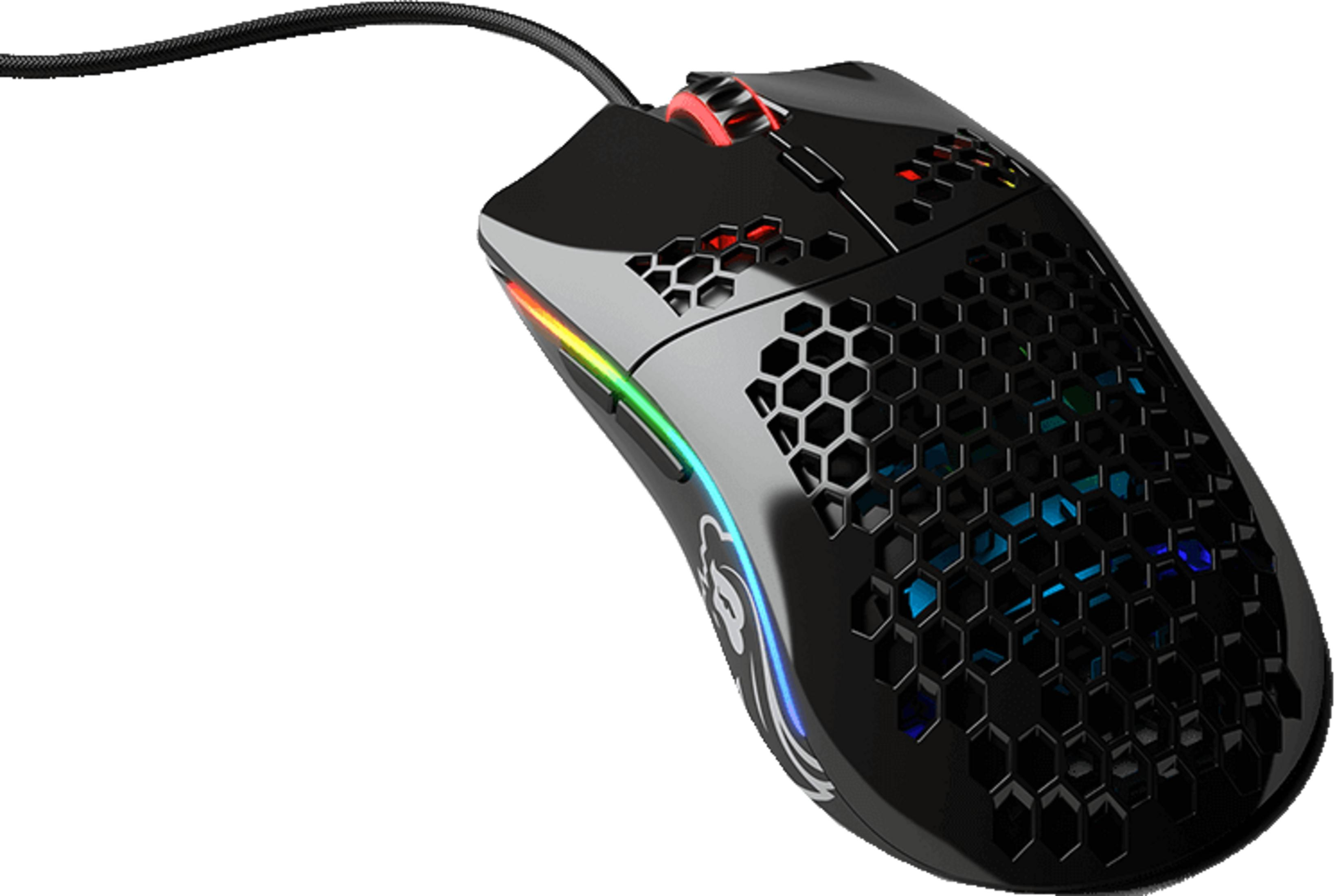 Black gaming mouse with honeycomb pattern and RGB lighting.