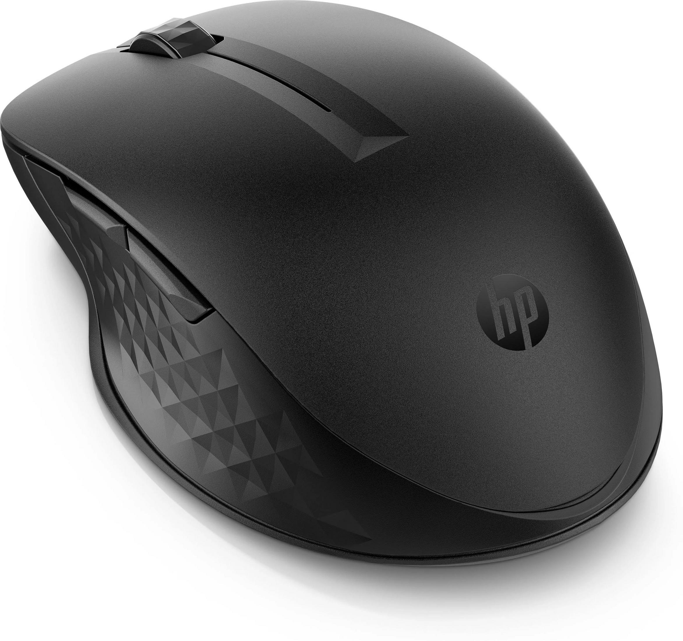 Zwarte HP muis met getextureerde grip en scrollwiel.