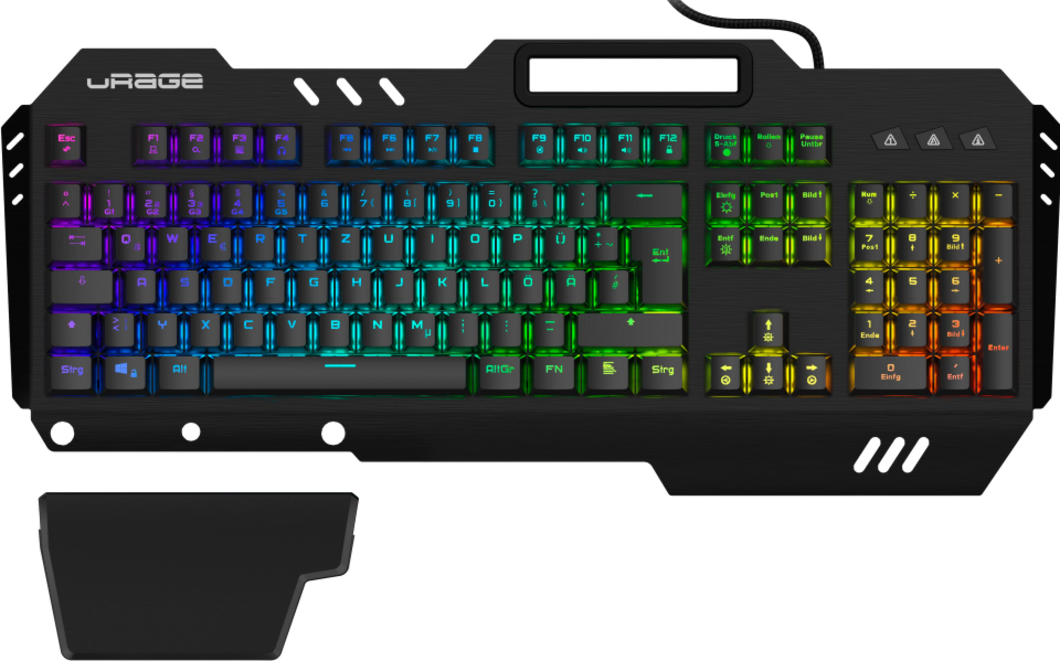 Eine schwarze Tastatur mit bunter RGB-Hintergrundbeleuchtung und abnehmbarer Handballenauflage.