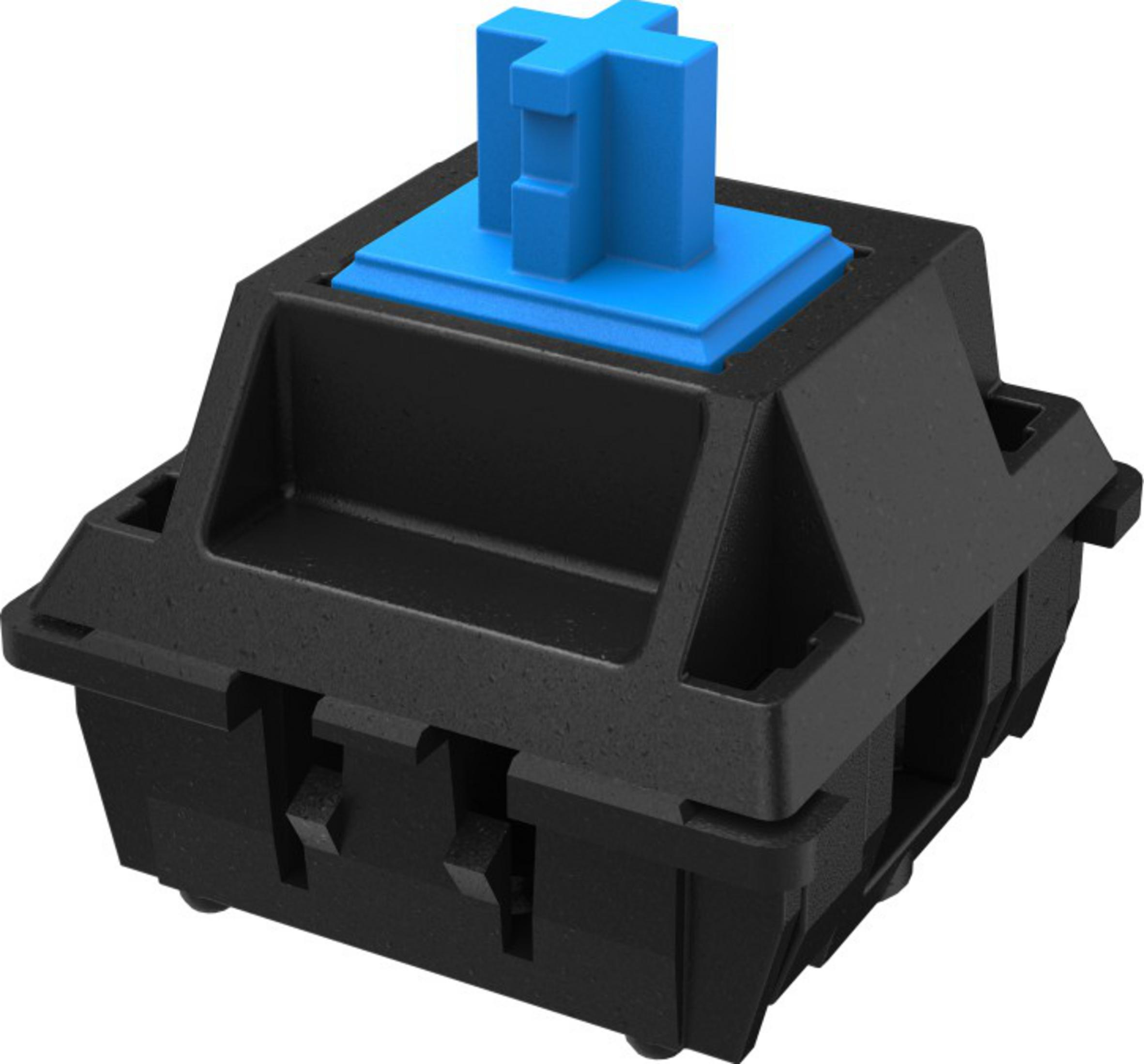 Ein schwarzer mechanischer Tastenschalter mit blauem Kreuzschalter.