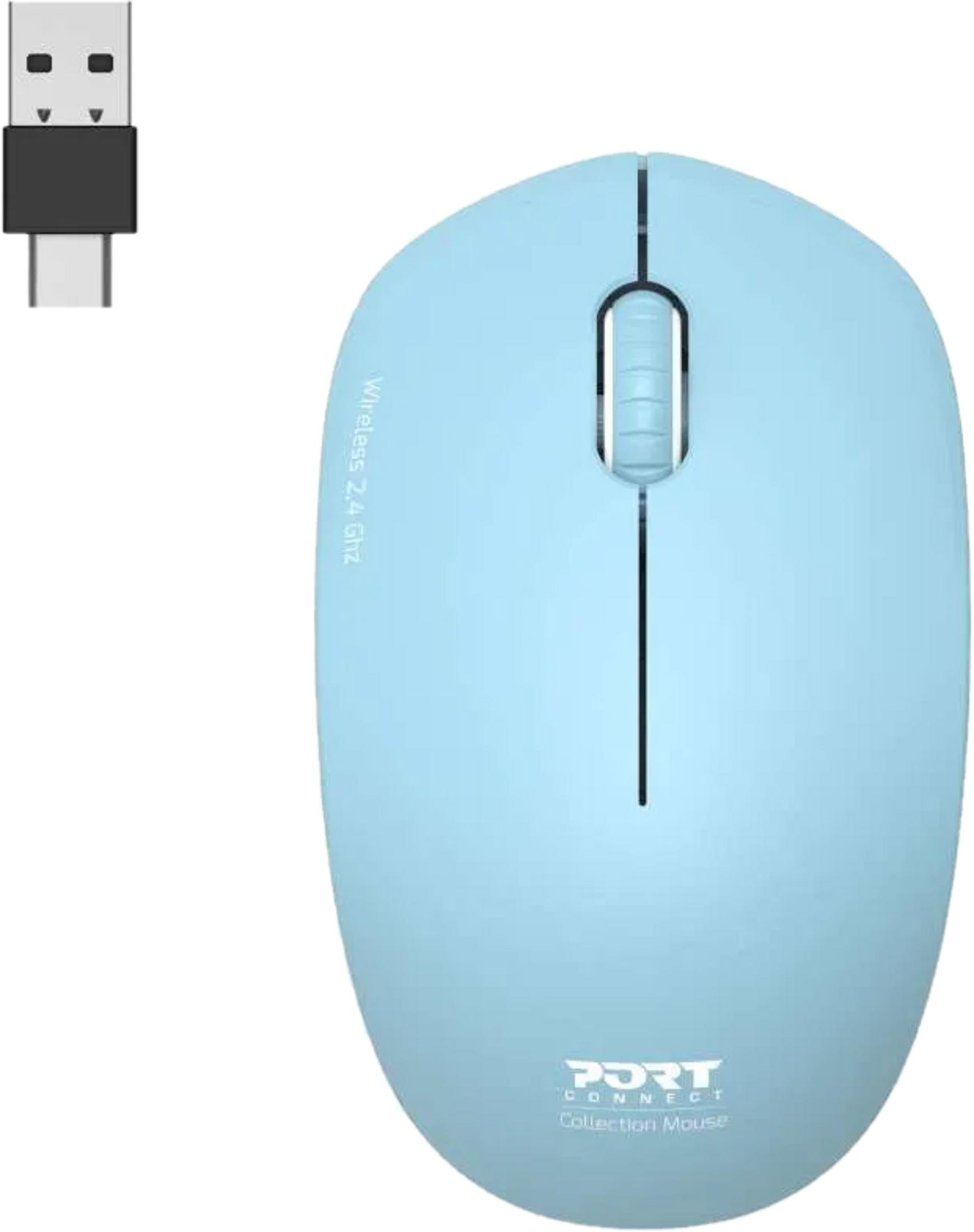 A light blue wireless USB-C dongle and mouse. Mouse reads 'PORT CONNECT Collection Mouse'.