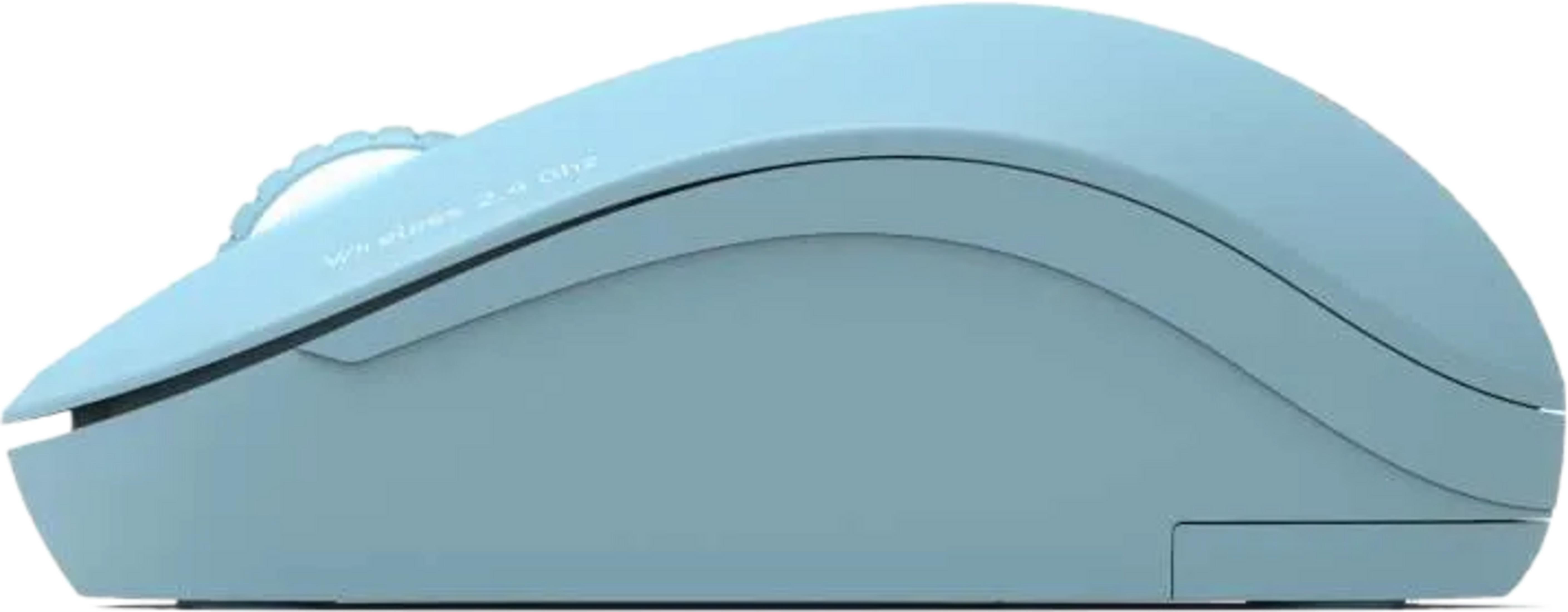 A light blue computer mouse with a scroll wheel and "Wireless 2.4 Ghz" text.