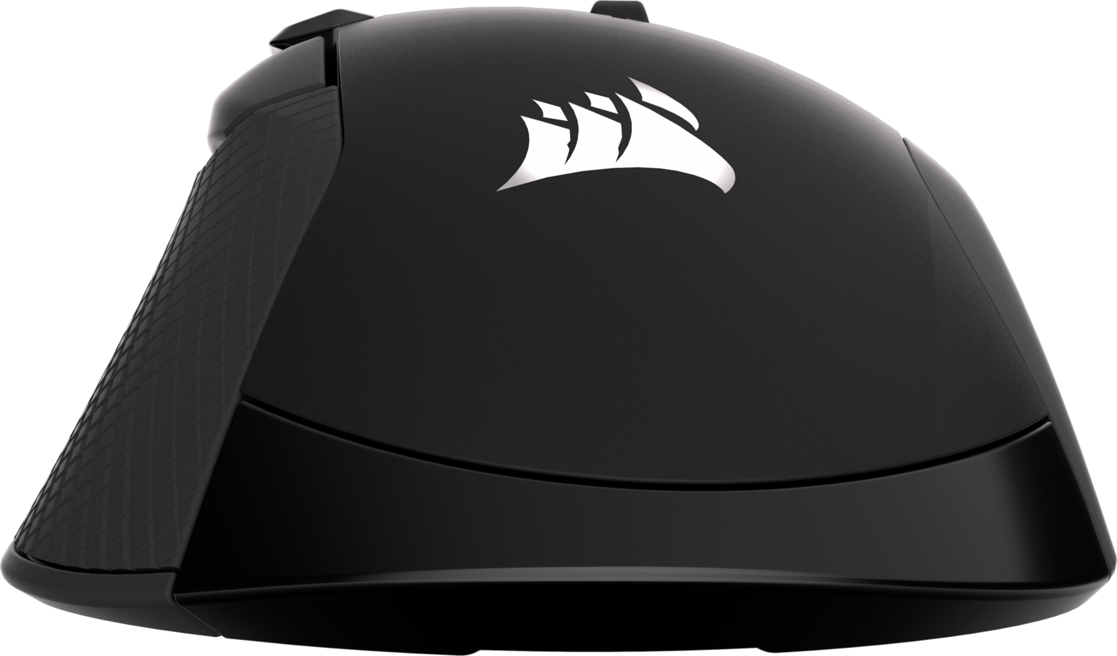 Ratón negro con logo blanco y lateral texturizado, fondo blanco.