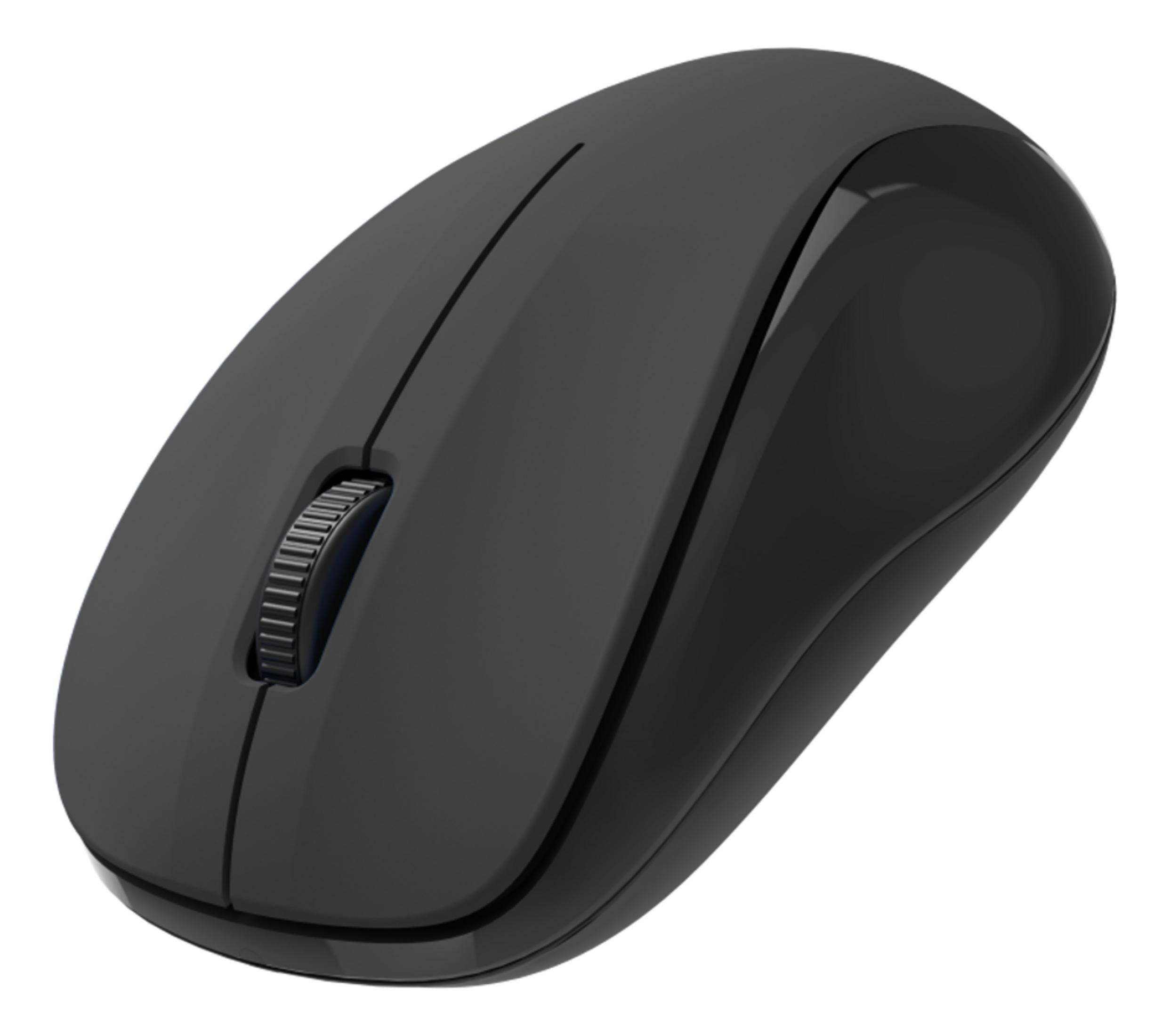 Un mouse wireless nero per computer con rotellina, isolato su sfondo bianco.