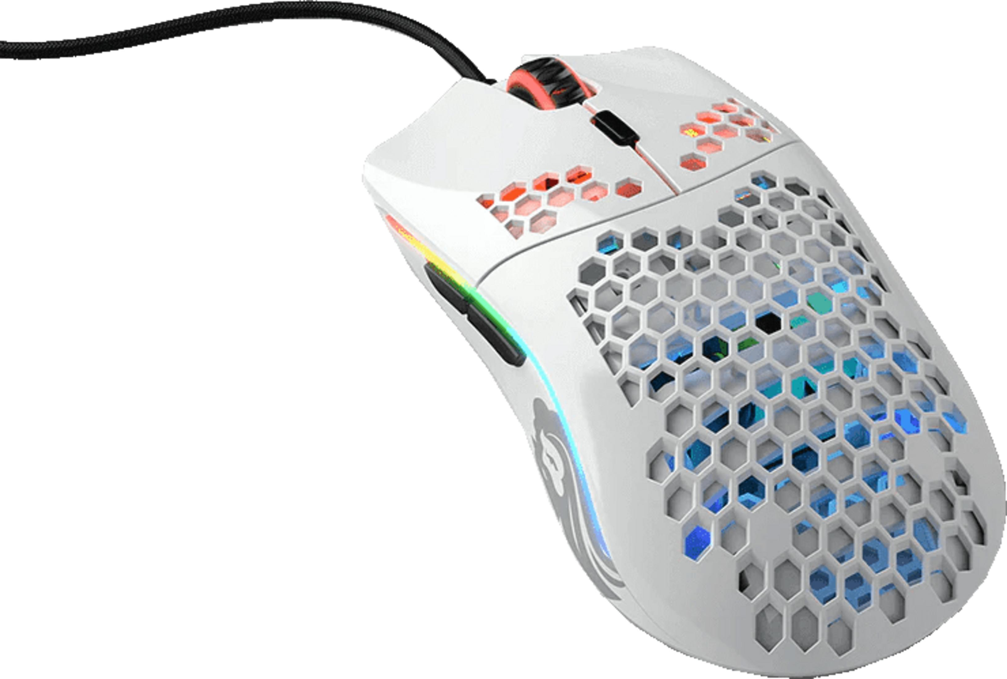 Bal peteği tasarımlı ve RGB aydınlatmalı beyaz oyuncu faresi.