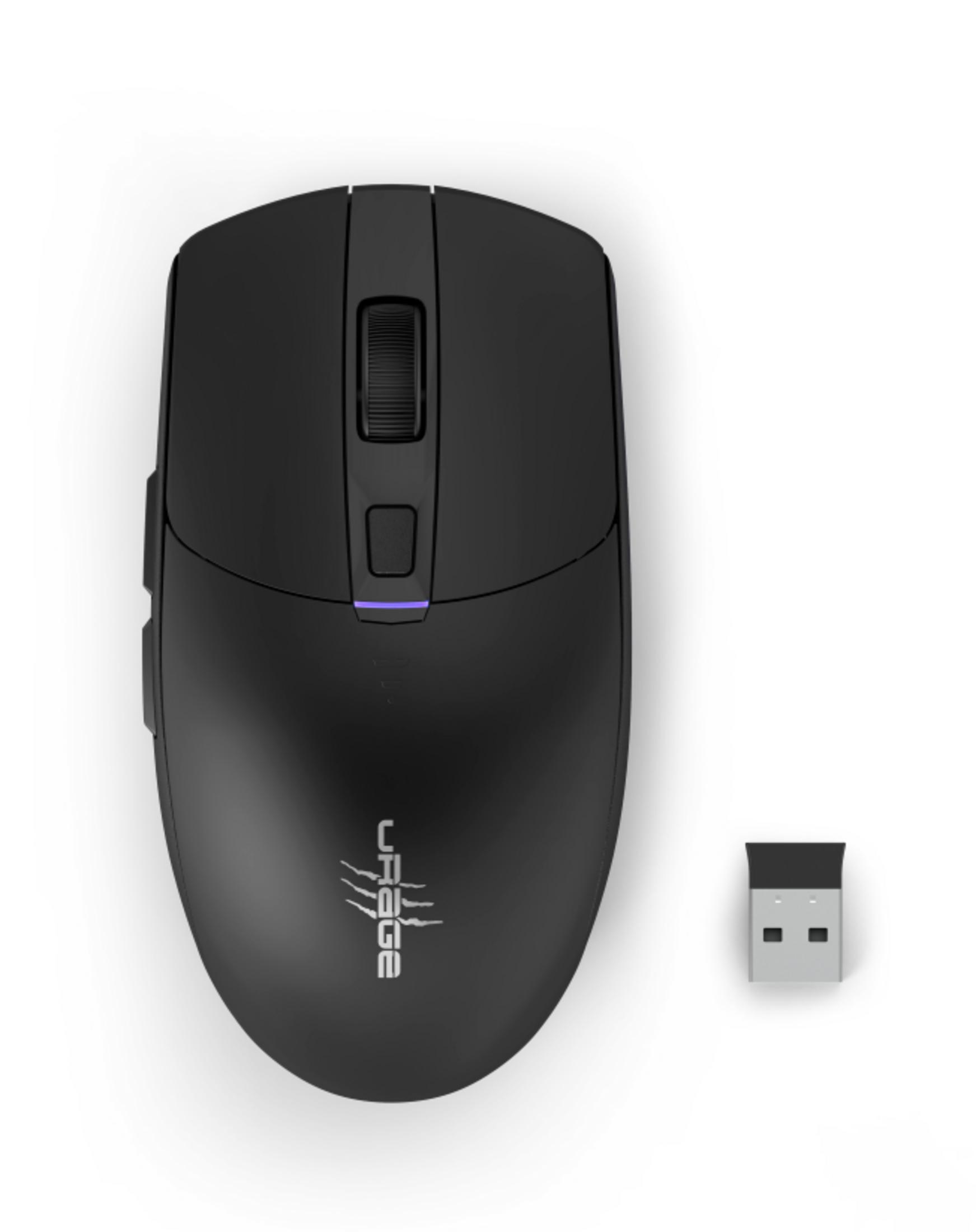 Schwarze Maus mit Scrollrad und USB-Empfänger auf weißem Hintergrund.