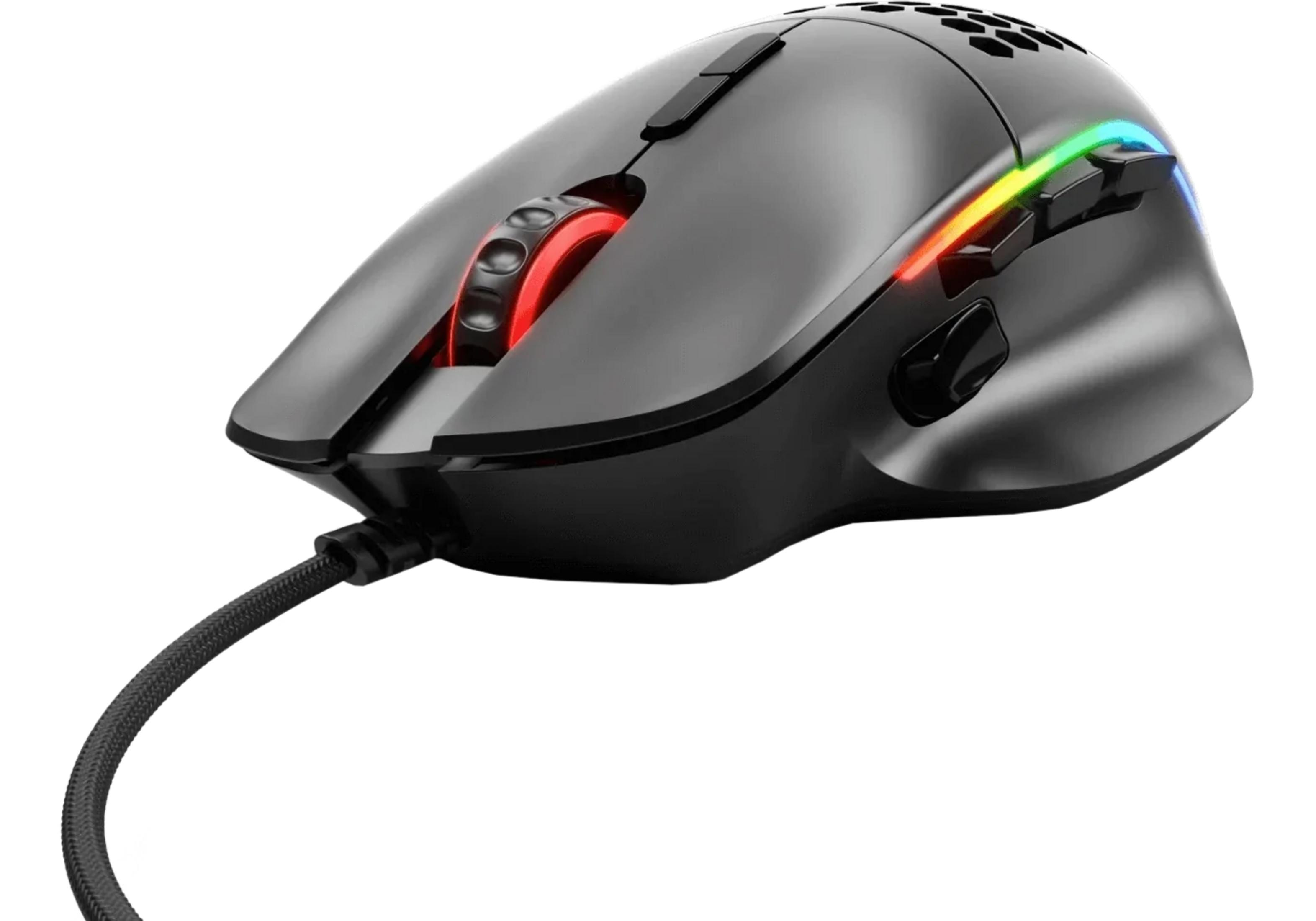 Un mouse gaming nero con illuminazione RGB e cavo intrecciato.