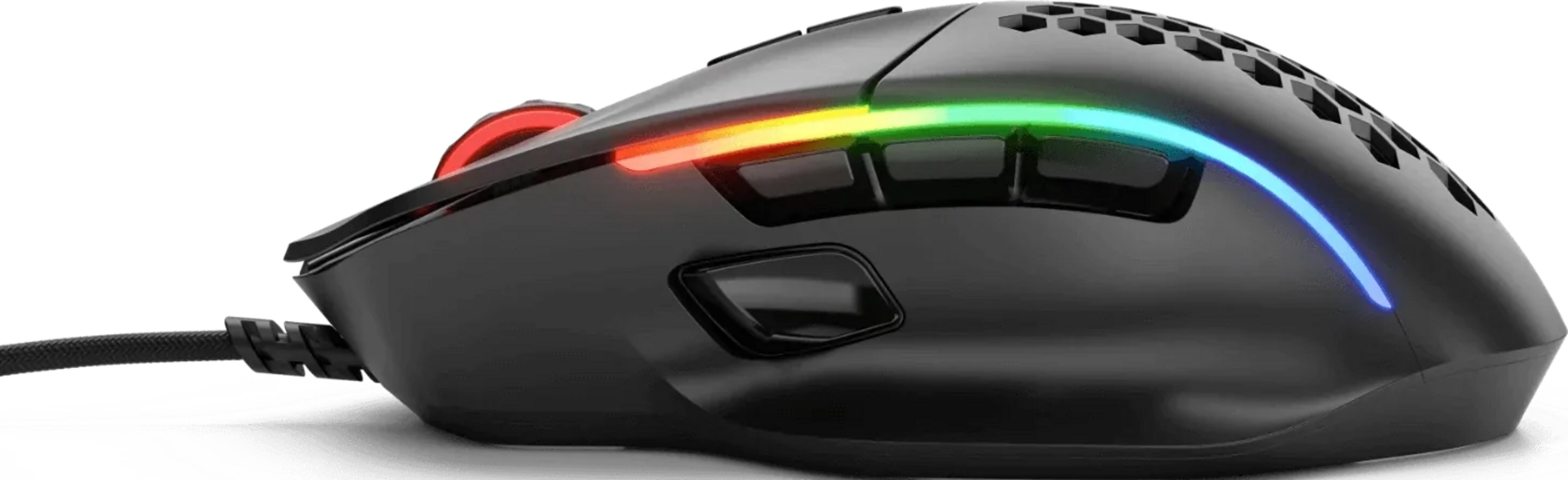 Mouse da gaming nero con illuminazione RGB e motivo a nido d'ape sopra.
