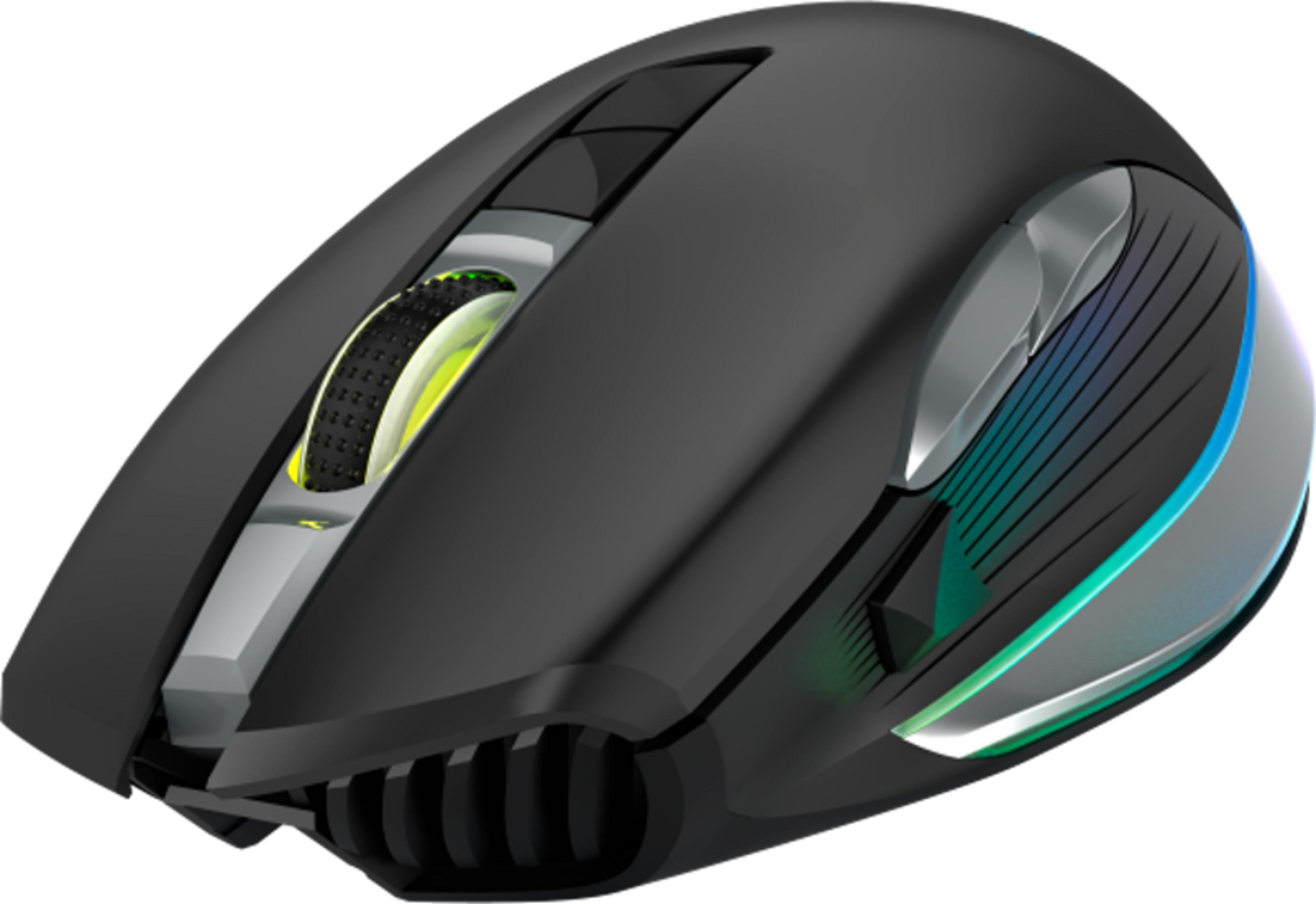 Eine schwarze Gaming-Maus mit Scrollrad und RGB-Beleuchtung.