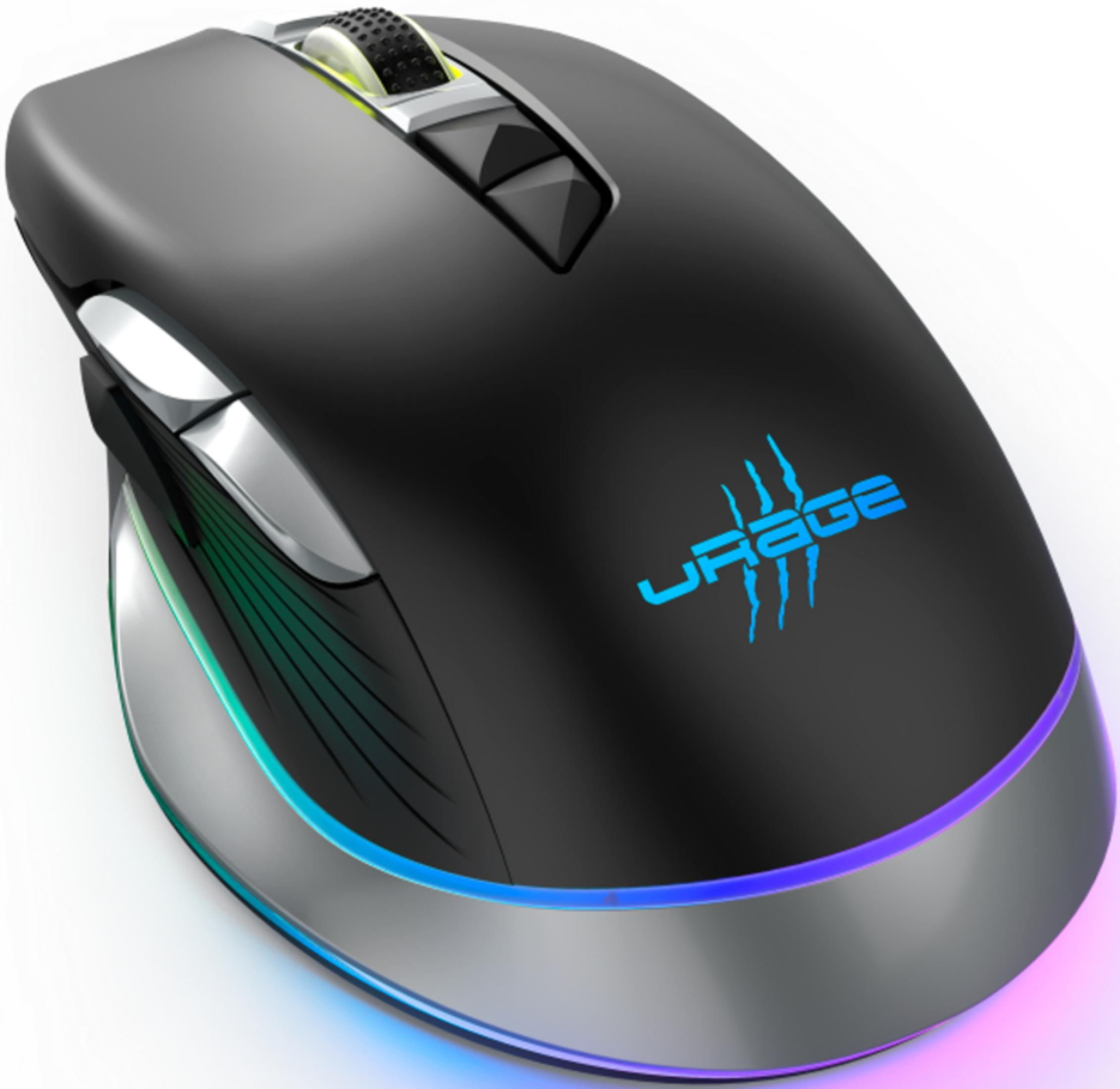 Eine schwarze Gaming-Maus mit RGB-Beleuchtung und blauem Logo.
