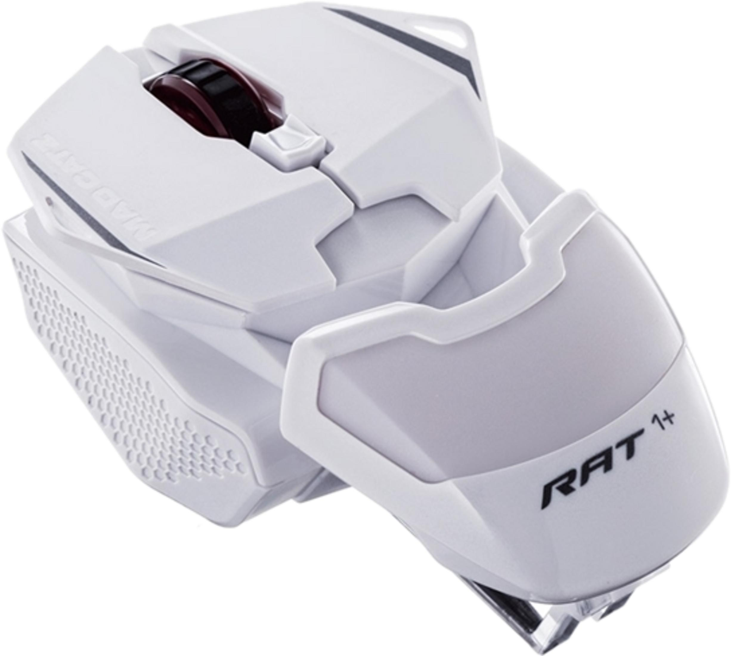 Eine weiße Gaming-Maus mit schwarzem Scrollrad und dem Aufdruck RAT 1+