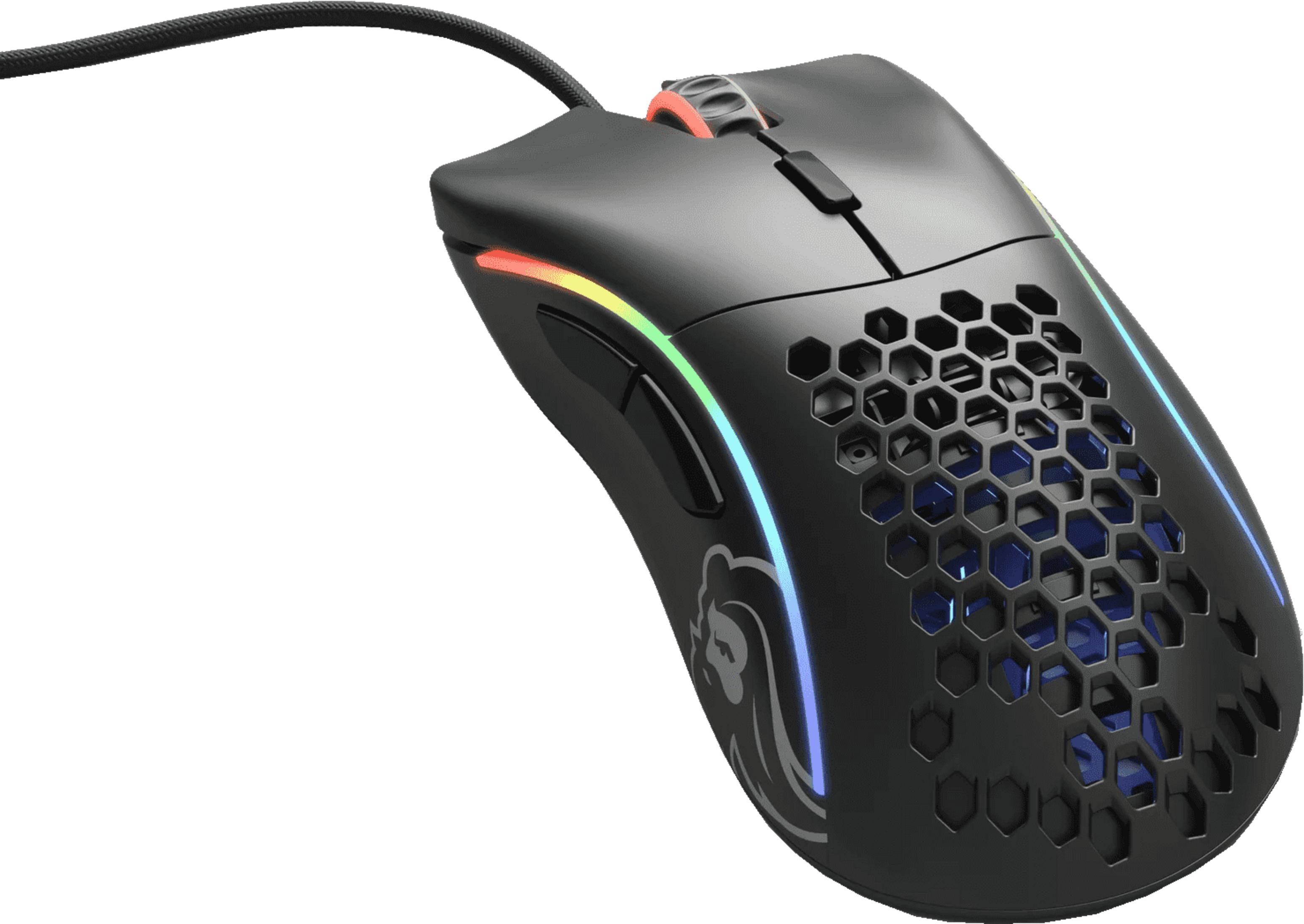 Zwarte gamingmuis met honingraatontwerp en RGB-verlichting.