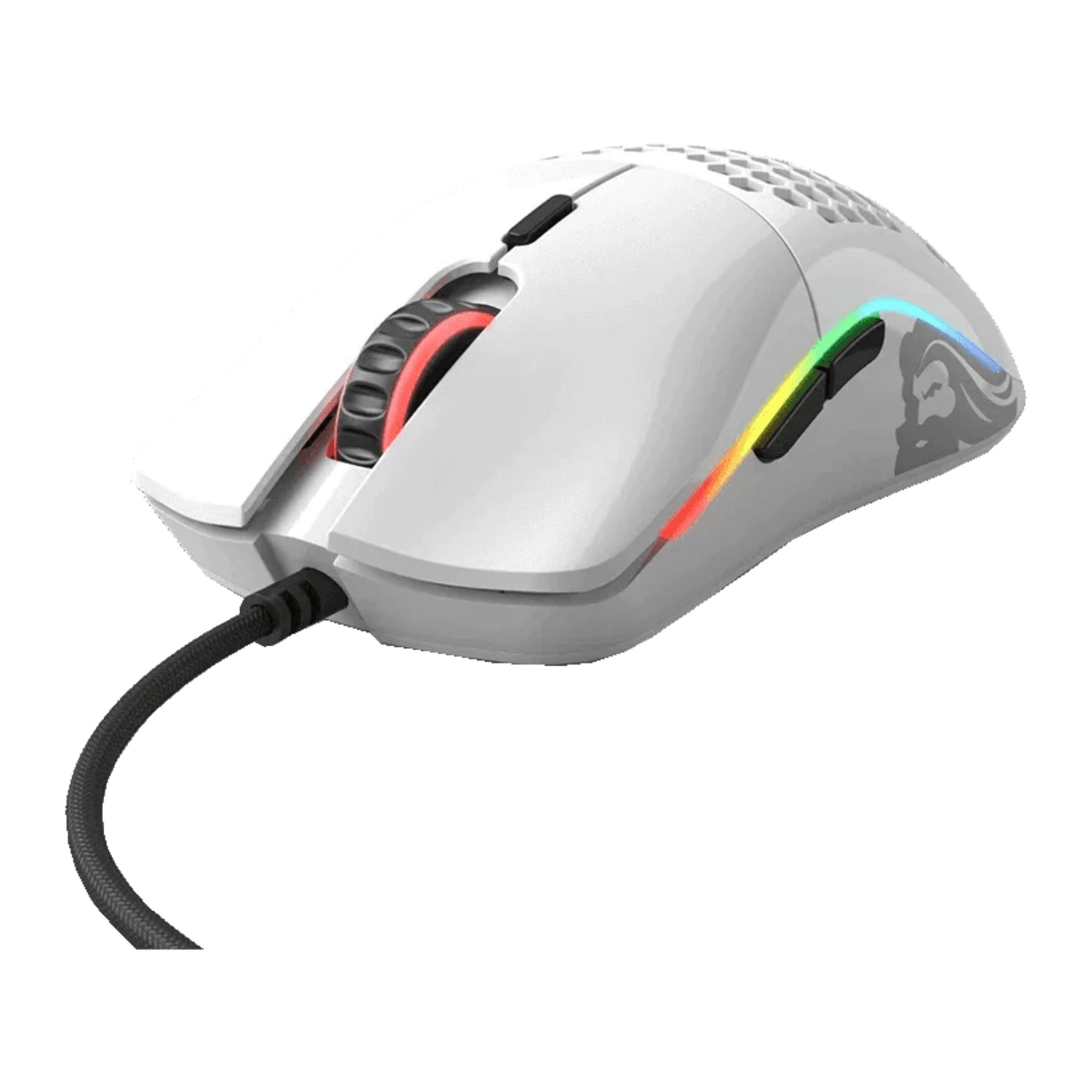 Mouse da gaming bianco con illuminazione RGB e motivo a nido d'ape.