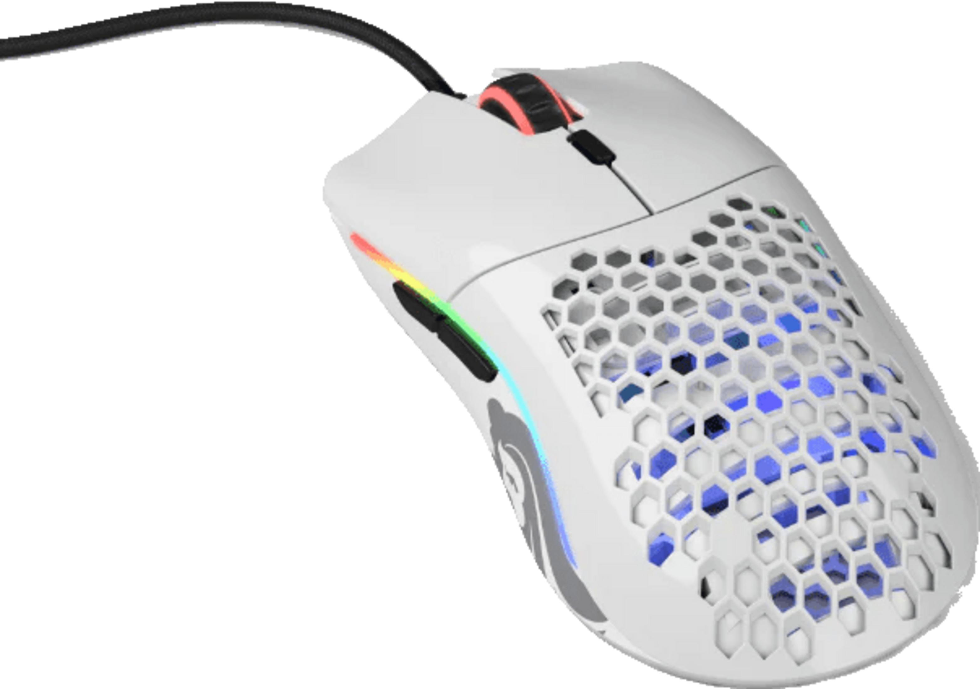 Un mouse da gaming bianco con motivo a nido d'ape e illuminazione RGB.