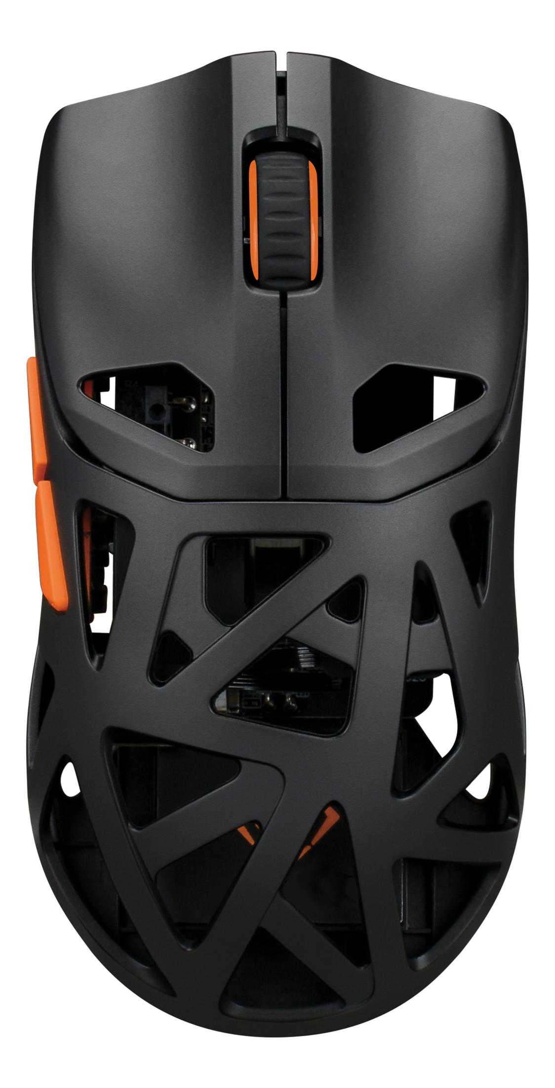 Zwarte gamingmuis met oranje accenten en een uitgesneden ontwerp.