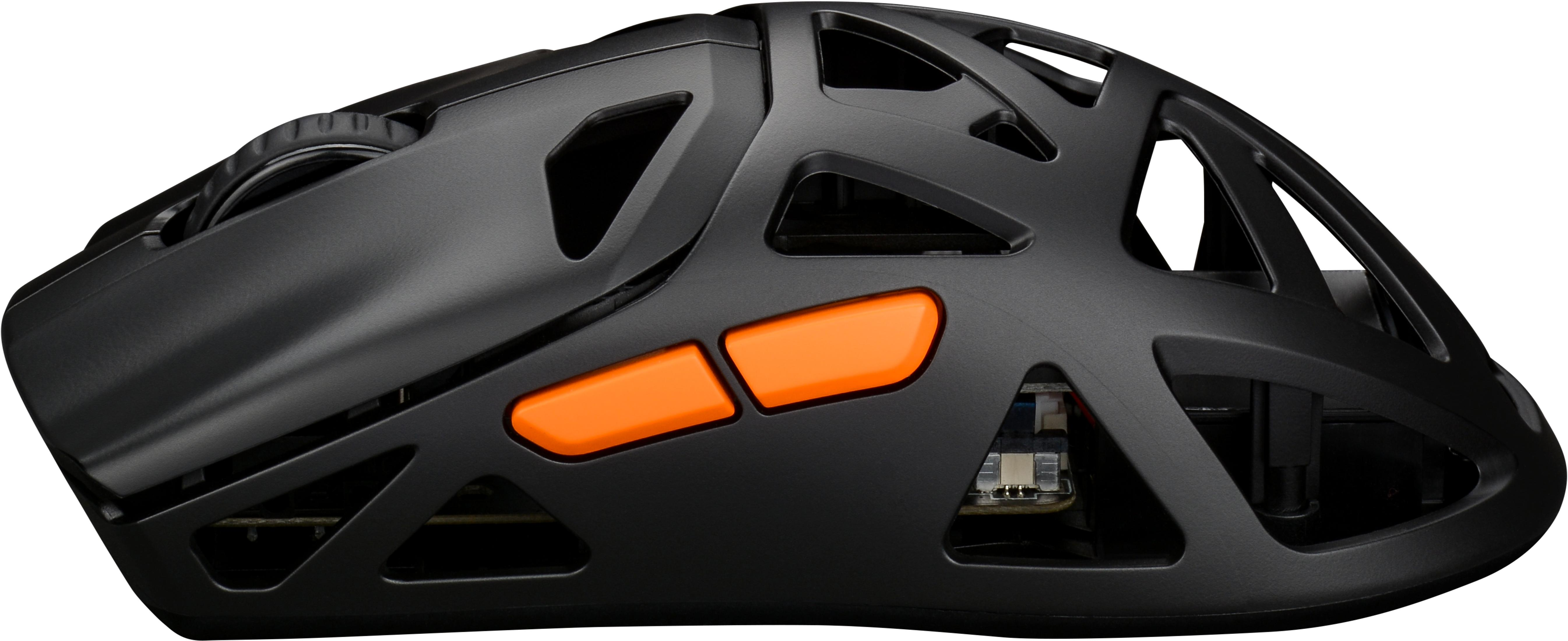 Zwarte gamingmuis met een open skeletontwerp en oranje knoppen.