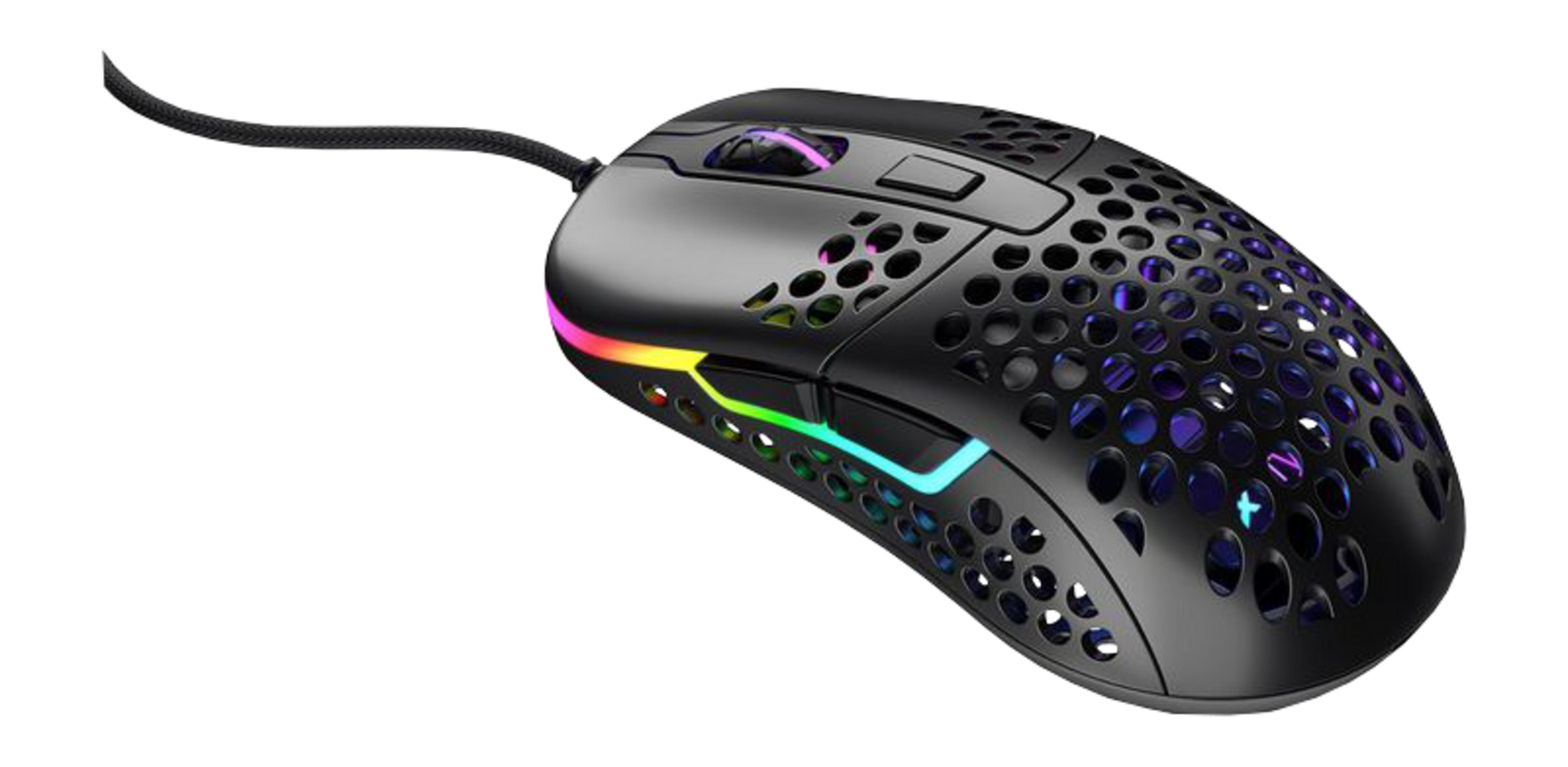 Un mouse da gaming nero con illuminazione RGB e motivo traforato.