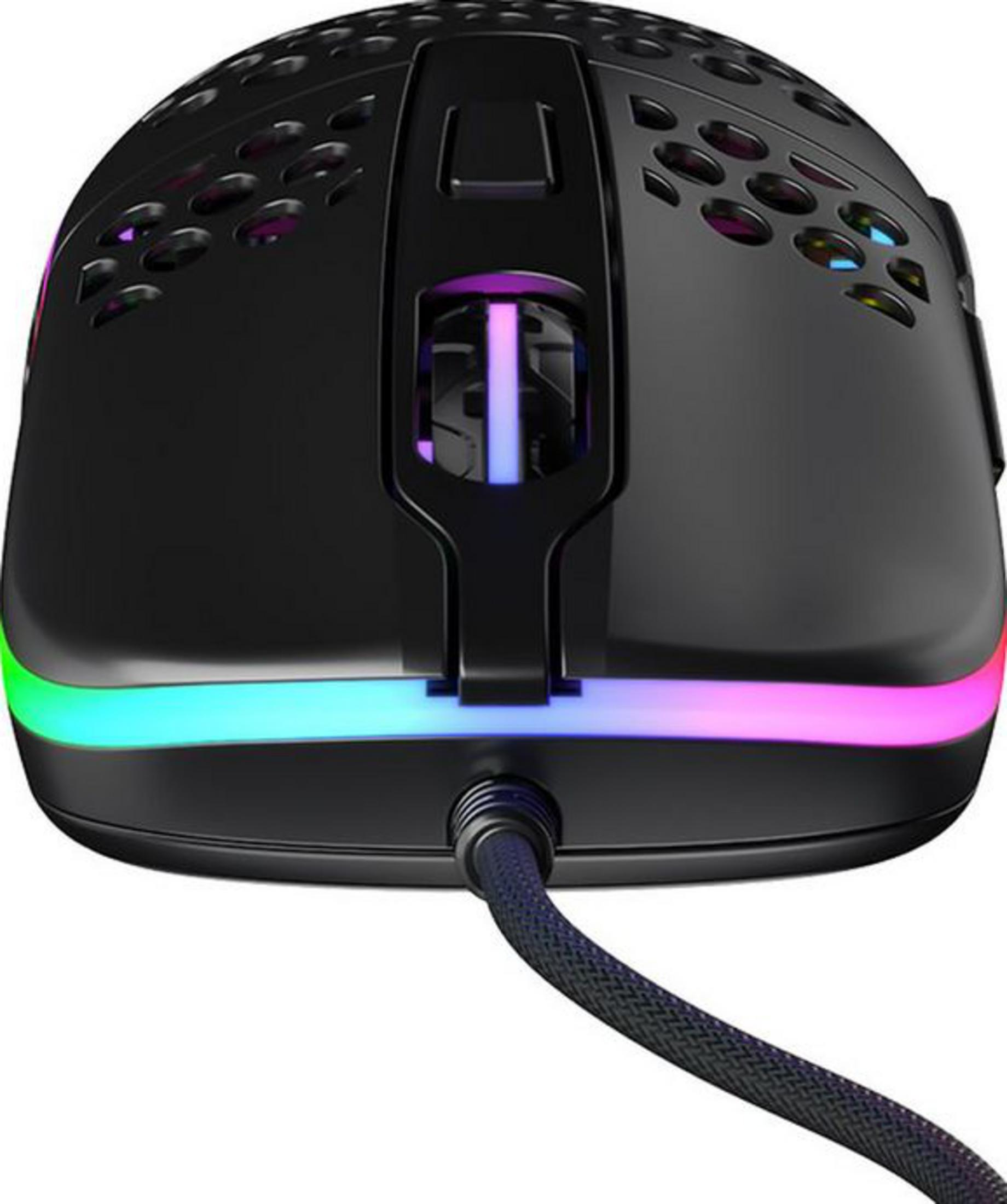 Mouse da gaming nero con porta di ricarica e illuminazione RGB.