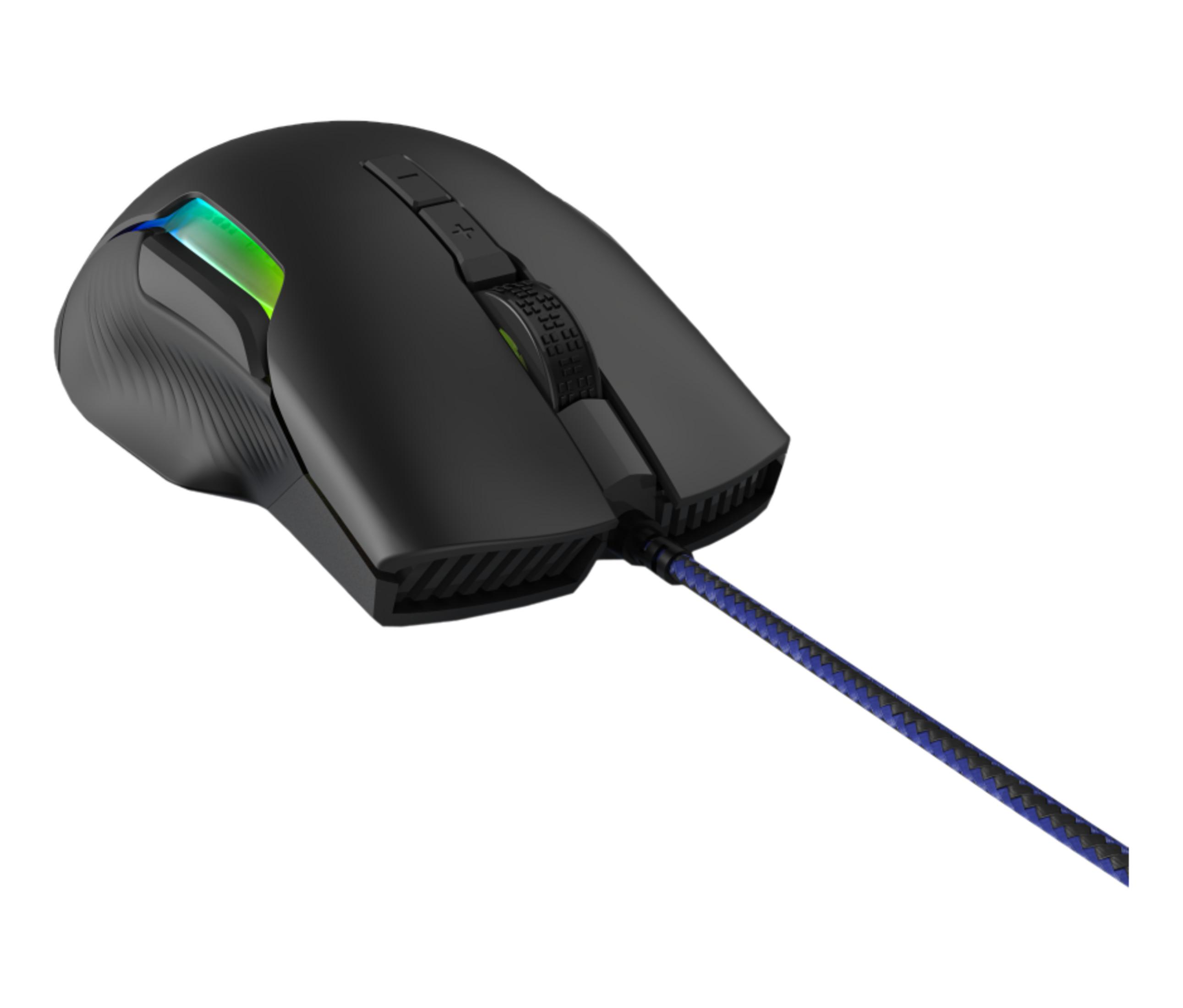Mouse gaming nero con rotella e illuminazione RGB, cavo intrecciato blu e nero.