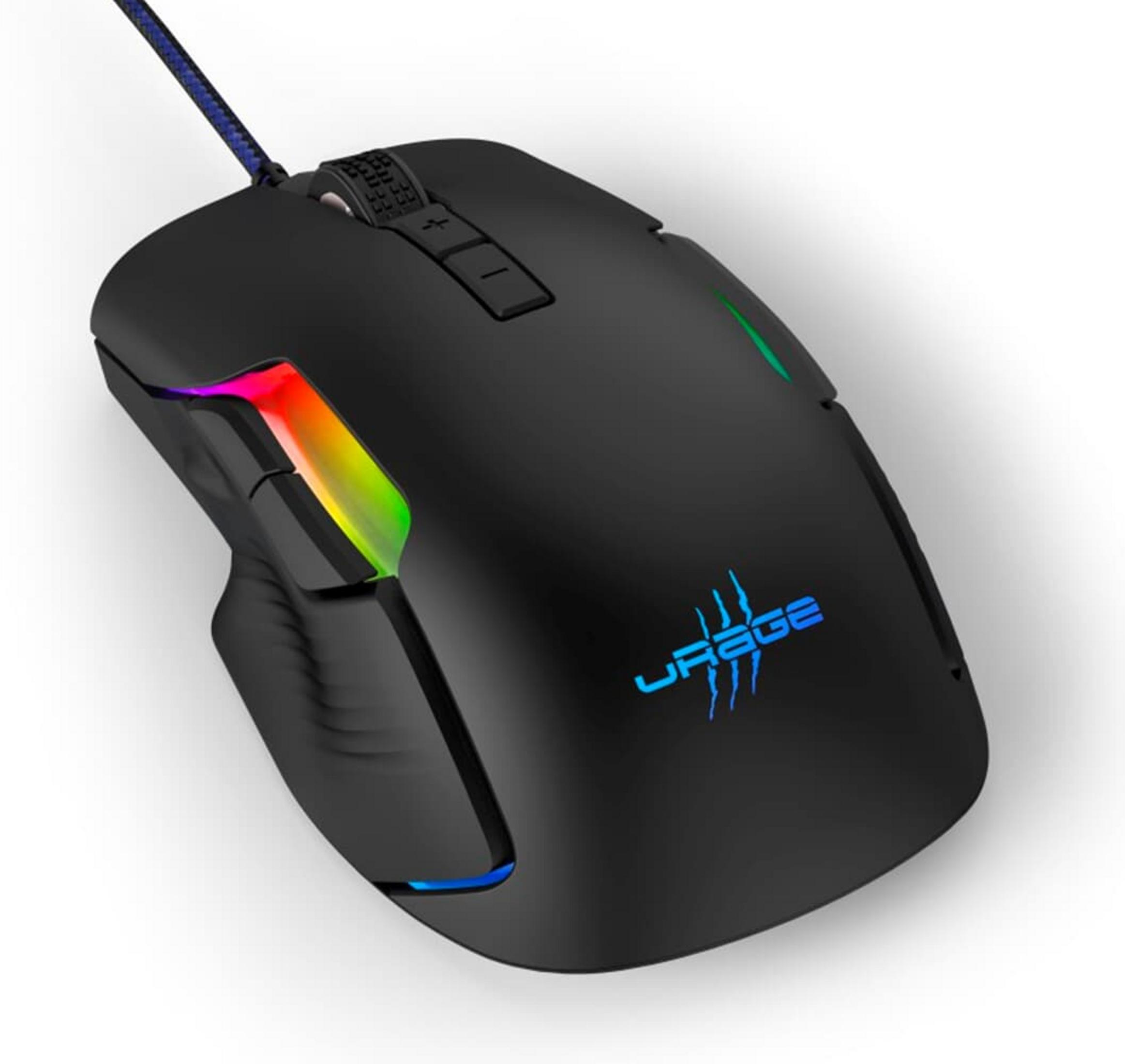 Mouse gaming nero con illuminazione RGB e logo blu.