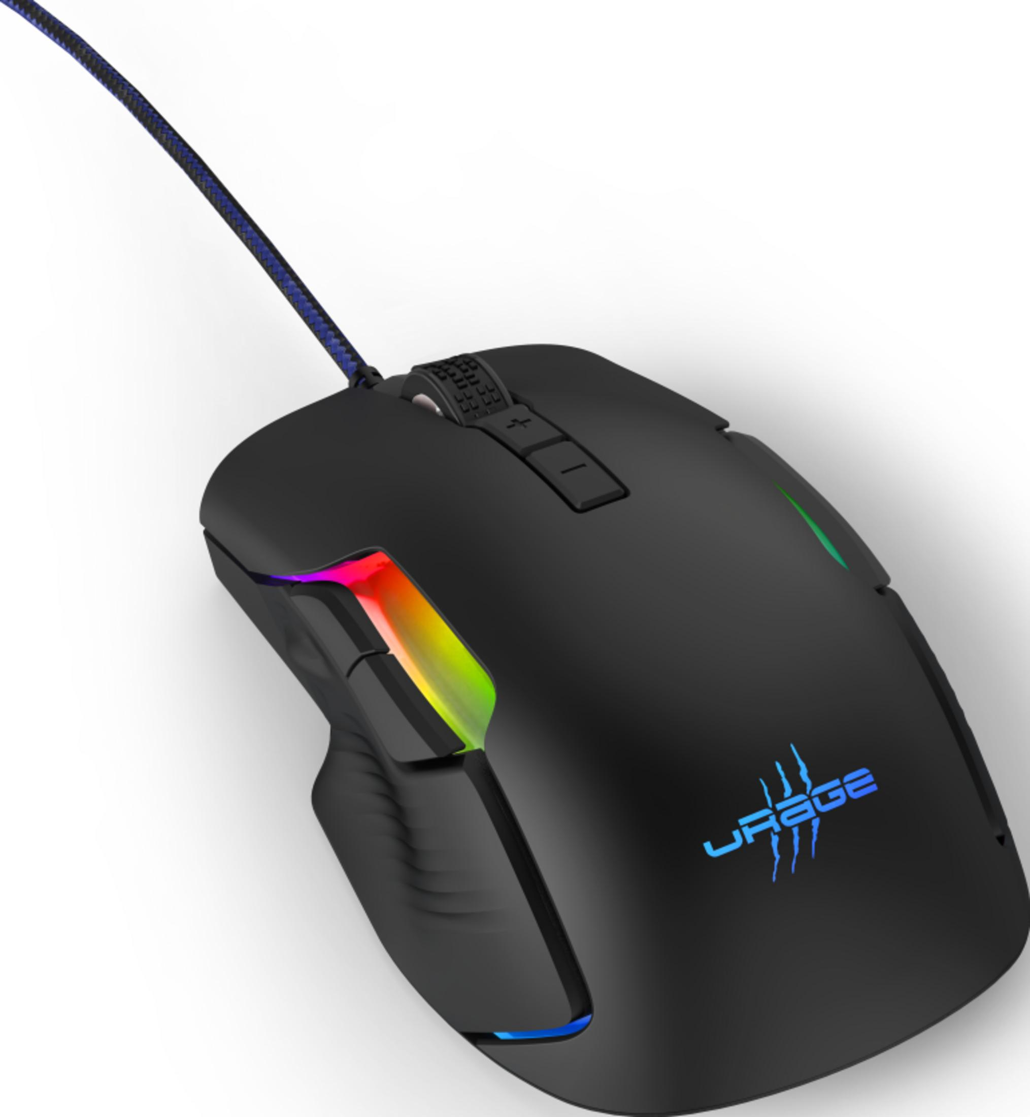 Mouse gaming nero con illuminazione RGB e cavo blu.