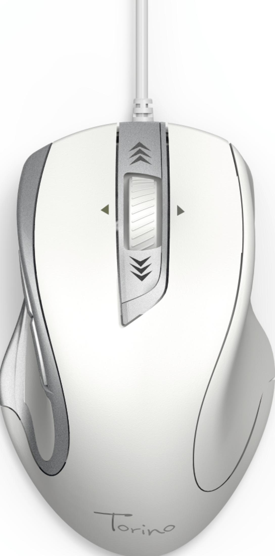 Eine weiße Computermaus mit silbernen Akzenten und einem Scrollrad.