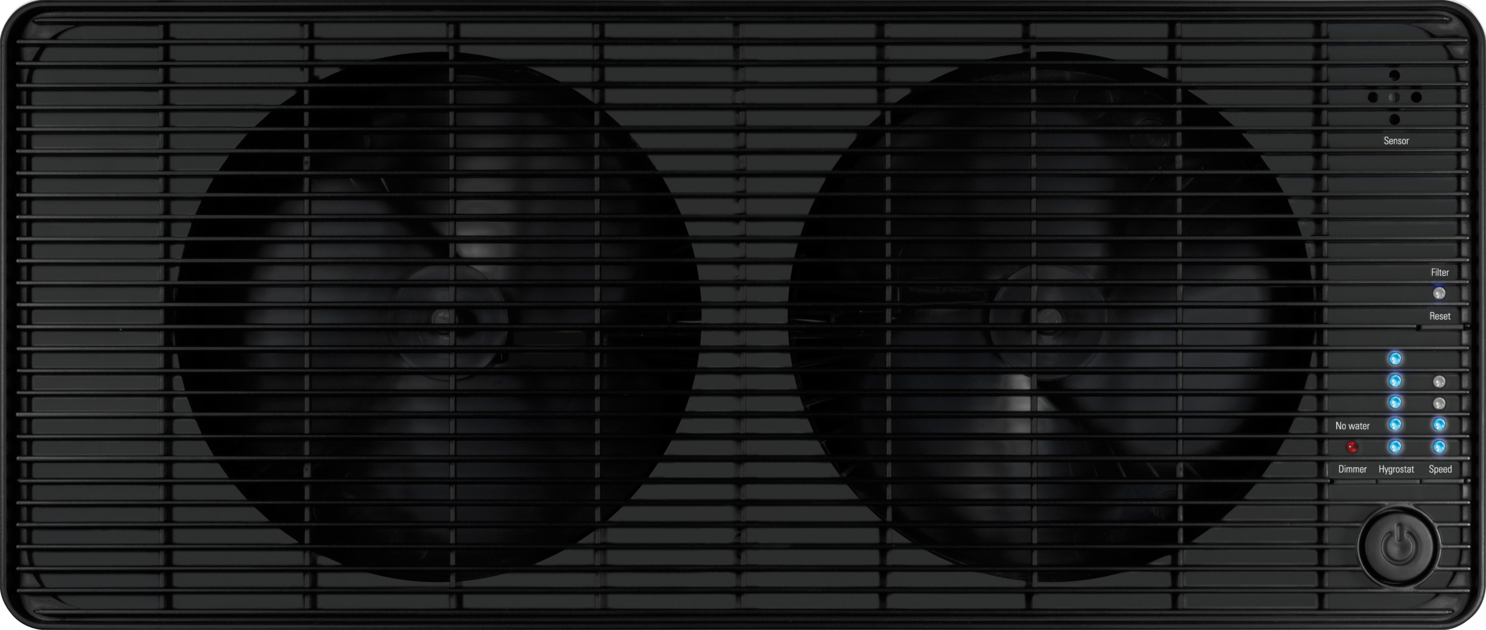 Un purificateur d'air noir avec deux ventilateurs et des voyants lumineux.