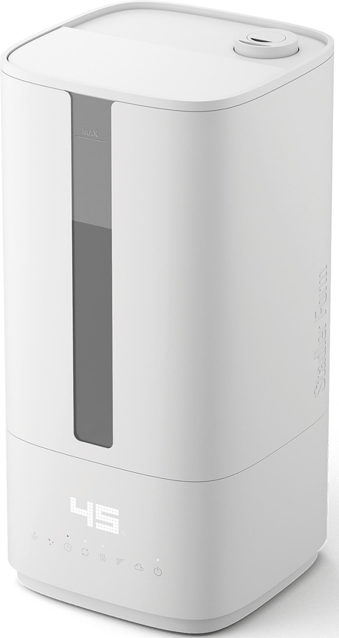 A white humidifier with a digital display showing 45.