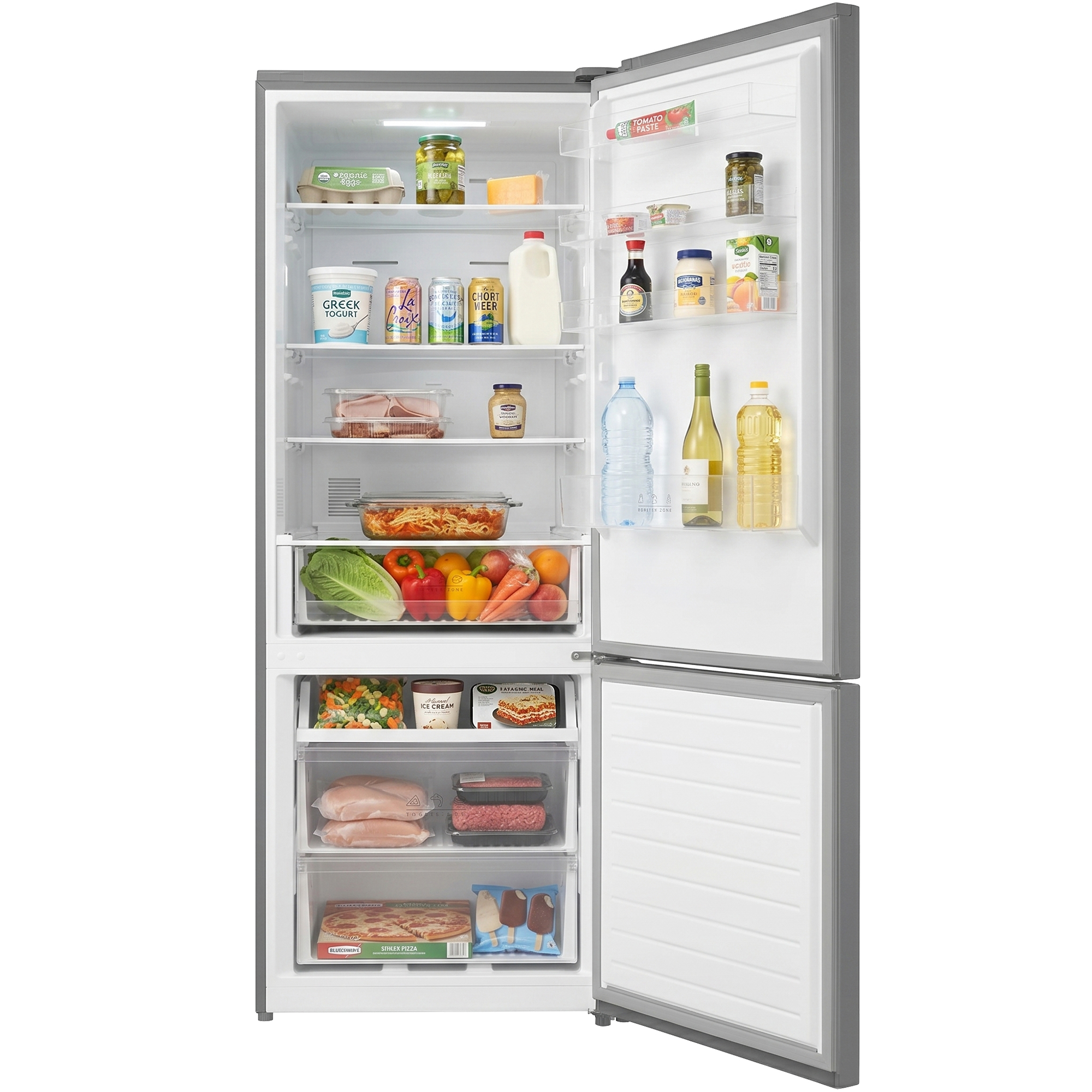 An open refrigerator with food items on shelves and in drawers.