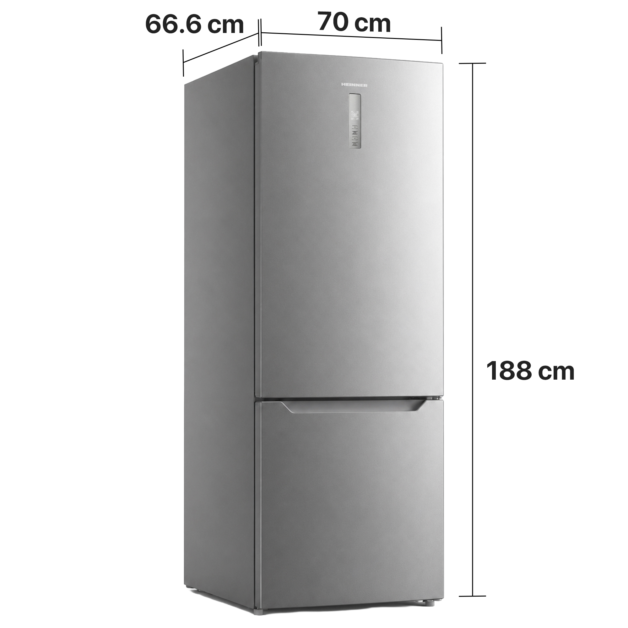 A silver refrigerator with digital dimensions: 66.6 cm width, 70 cm depth, 188 cm height.