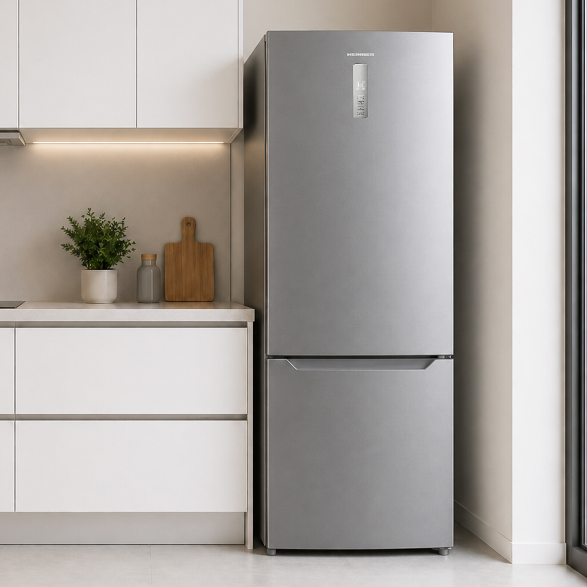 A silver refrigerator stands beside white kitchen cabinets.