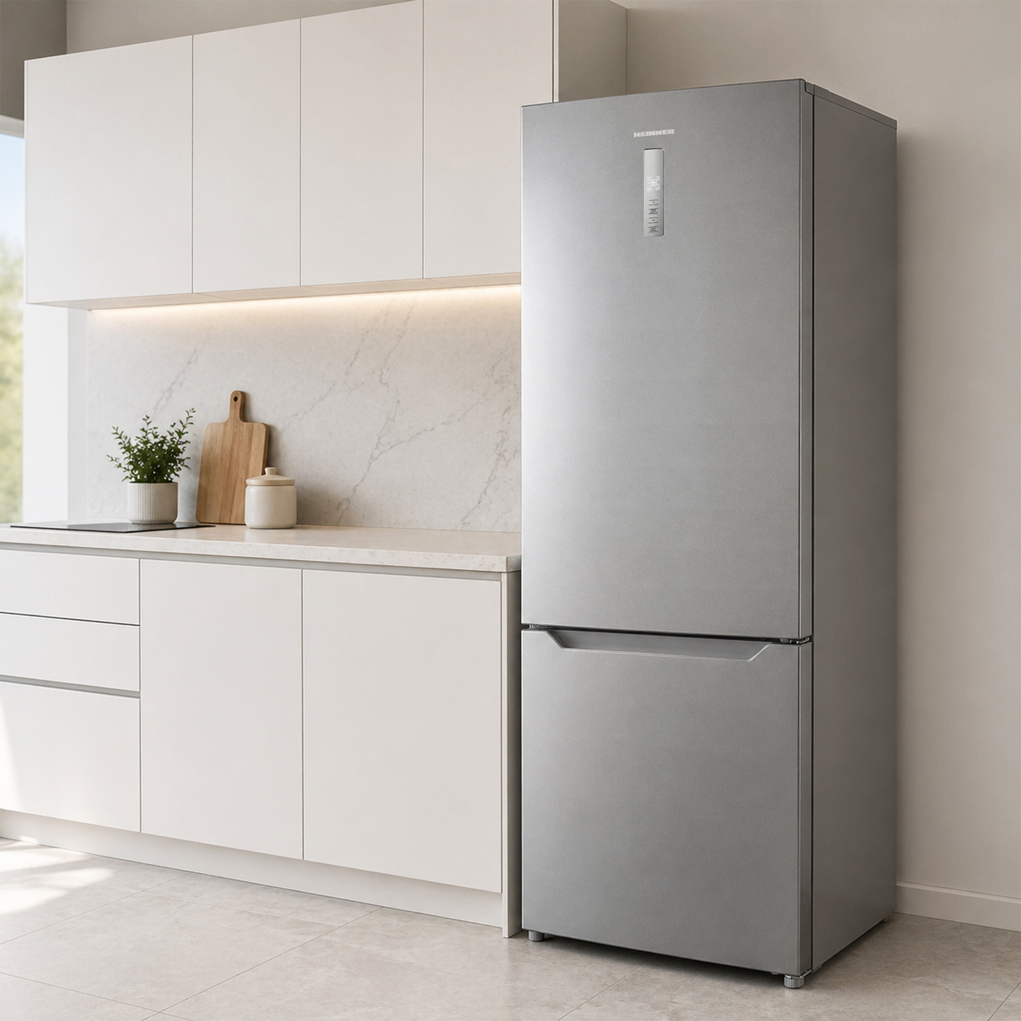A modern silver refrigerator stands in a white kitchen next to a stovetop.