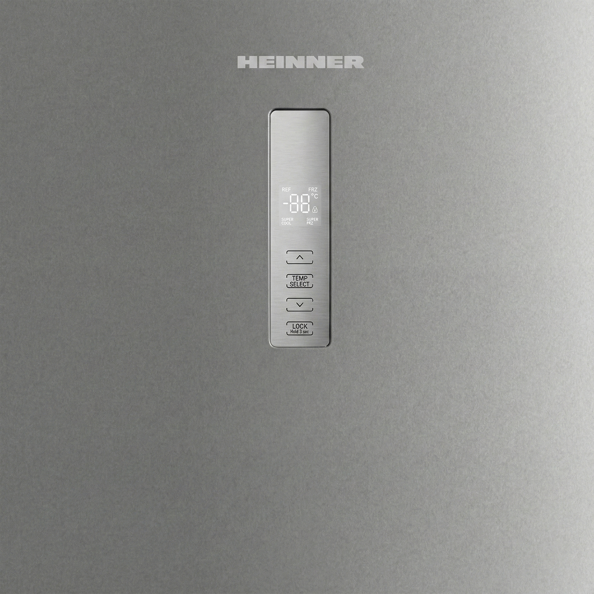 Heinner refrigerator display panel showing temperature and controls.