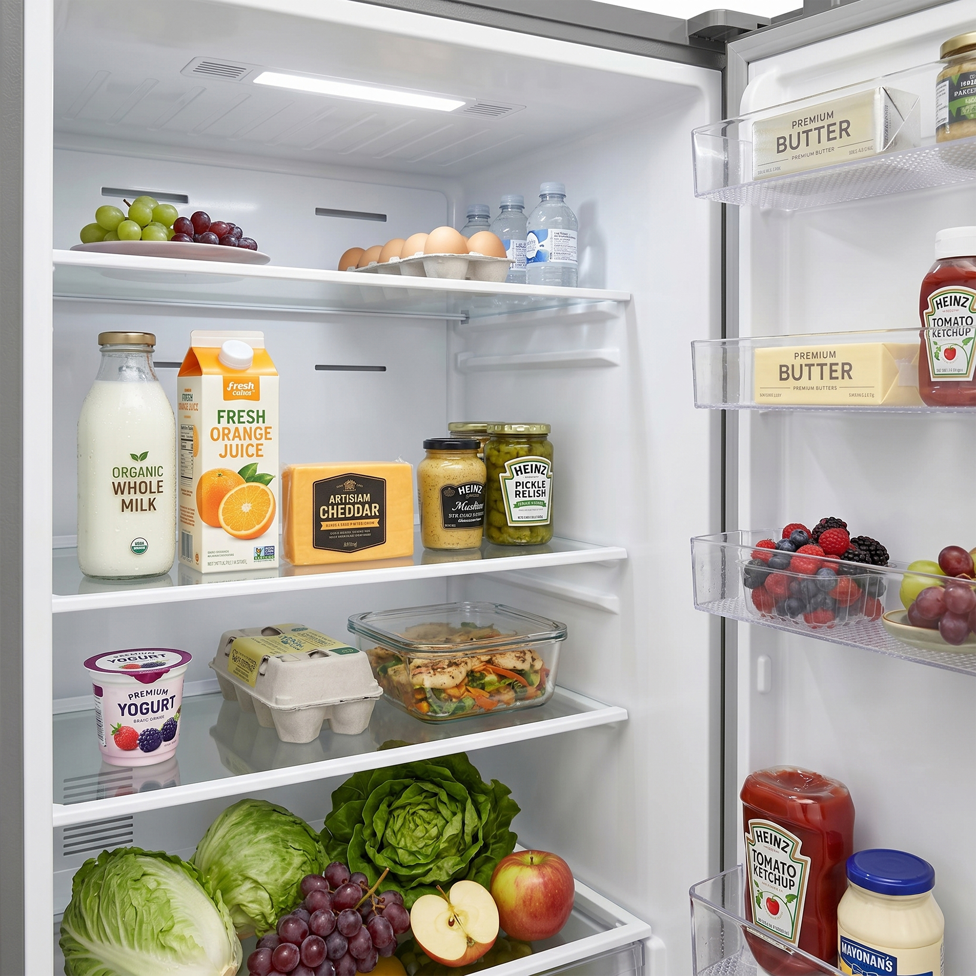 Refrigerator stocked with food items including fruits, vegetables, milk, eggs, and condiments.