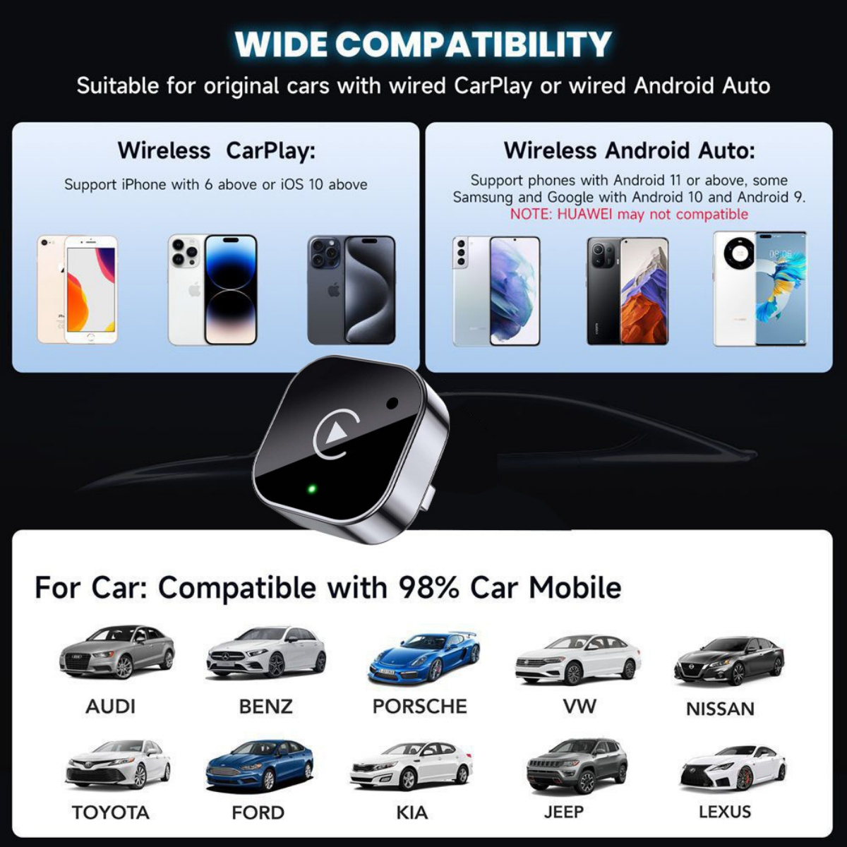 Breite Kompatibilität: iPhone & Android Auto. Zeigt Autos u. Handys an.